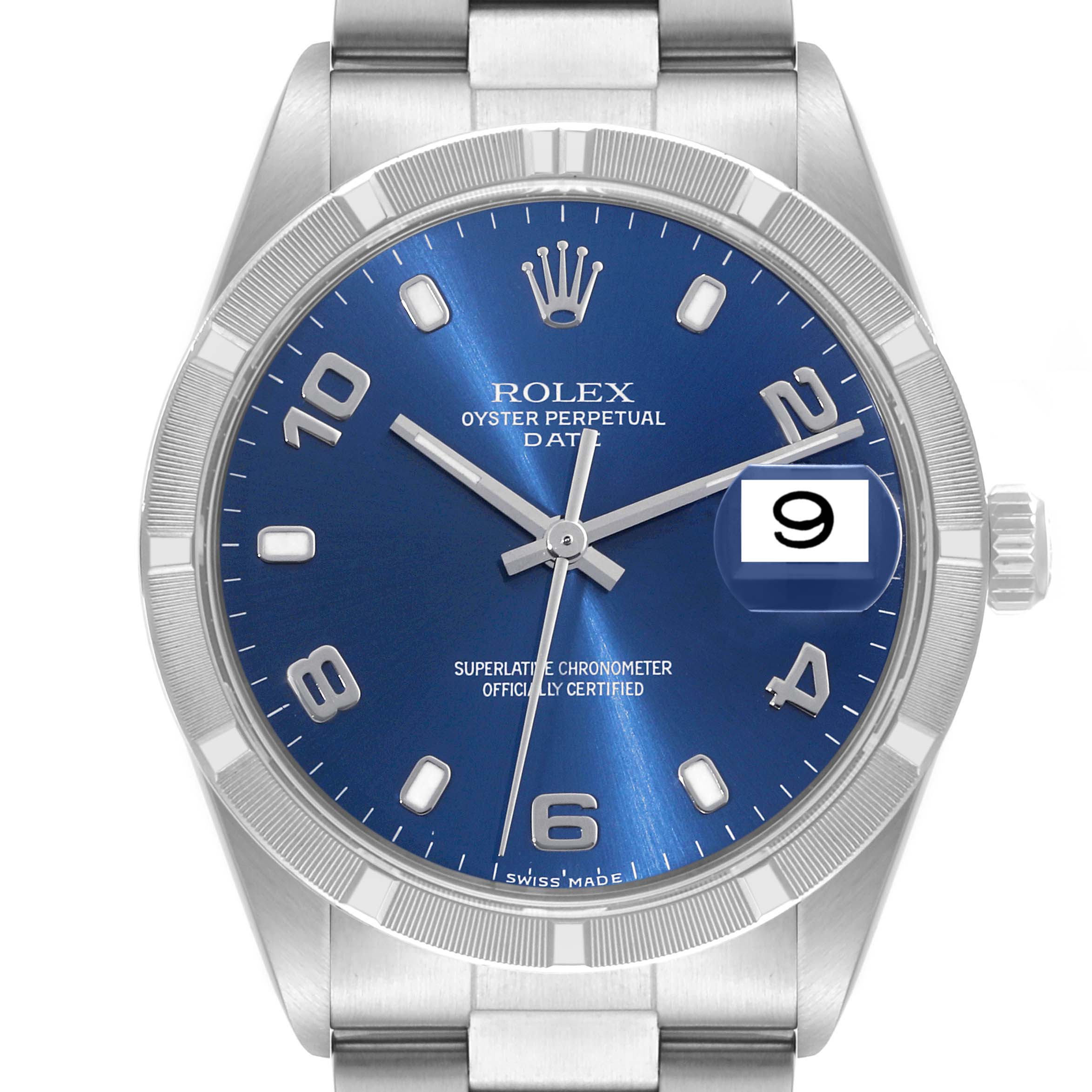 This image shows a front view of a Rolex Date 15210 Men's Stainless Steel Blue Dial 15210 Men's Stainless Steel Blue Dial model watch, highlighting the blue dial, hands, date window, and bracelet.