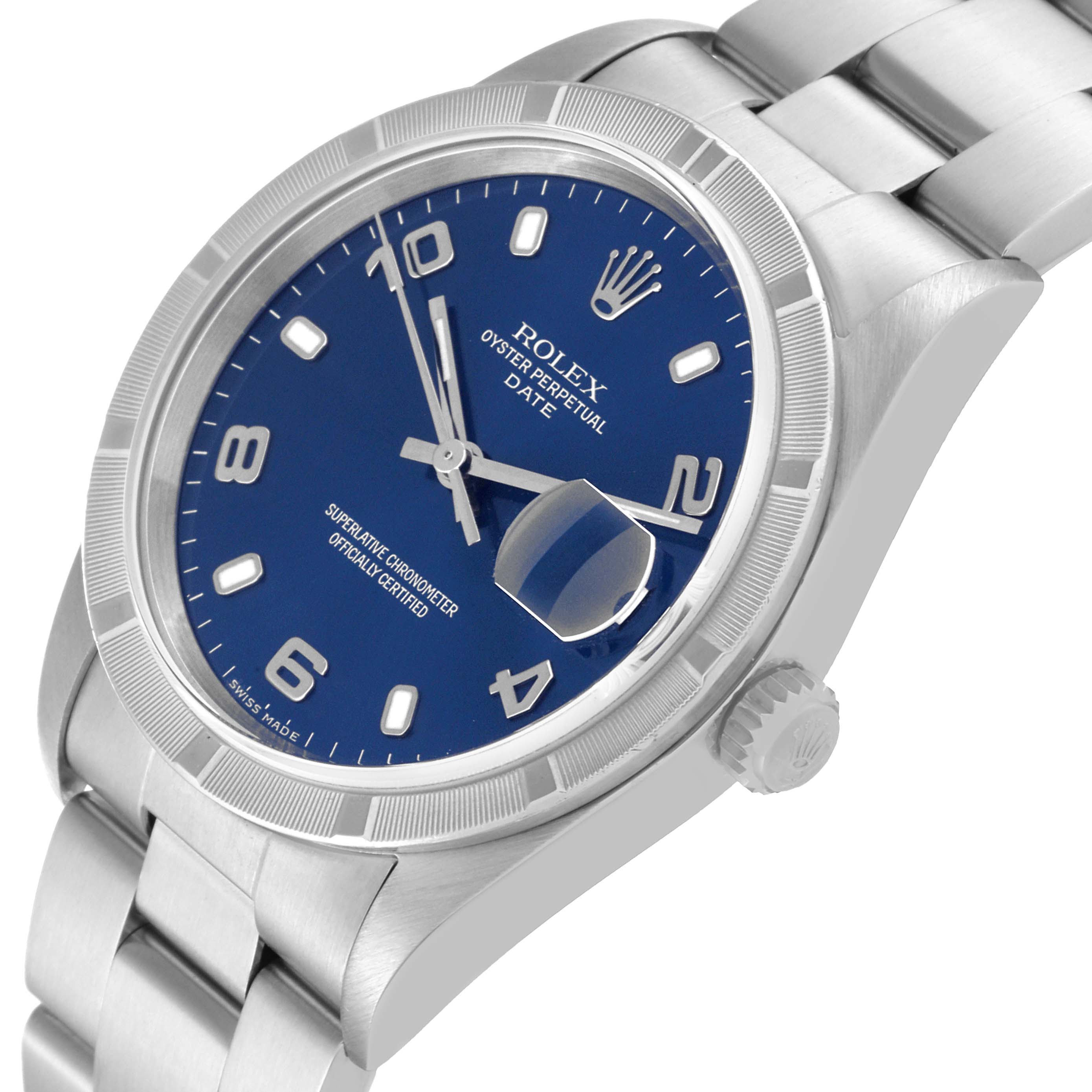 This image shows a close-up, angled view of the Rolex Date 15210 Men's Stainless Steel Blue Dial 15210 Men's Stainless Steel Blue Dial model watch, highlighting its blue dial and stainless steel bracelet.