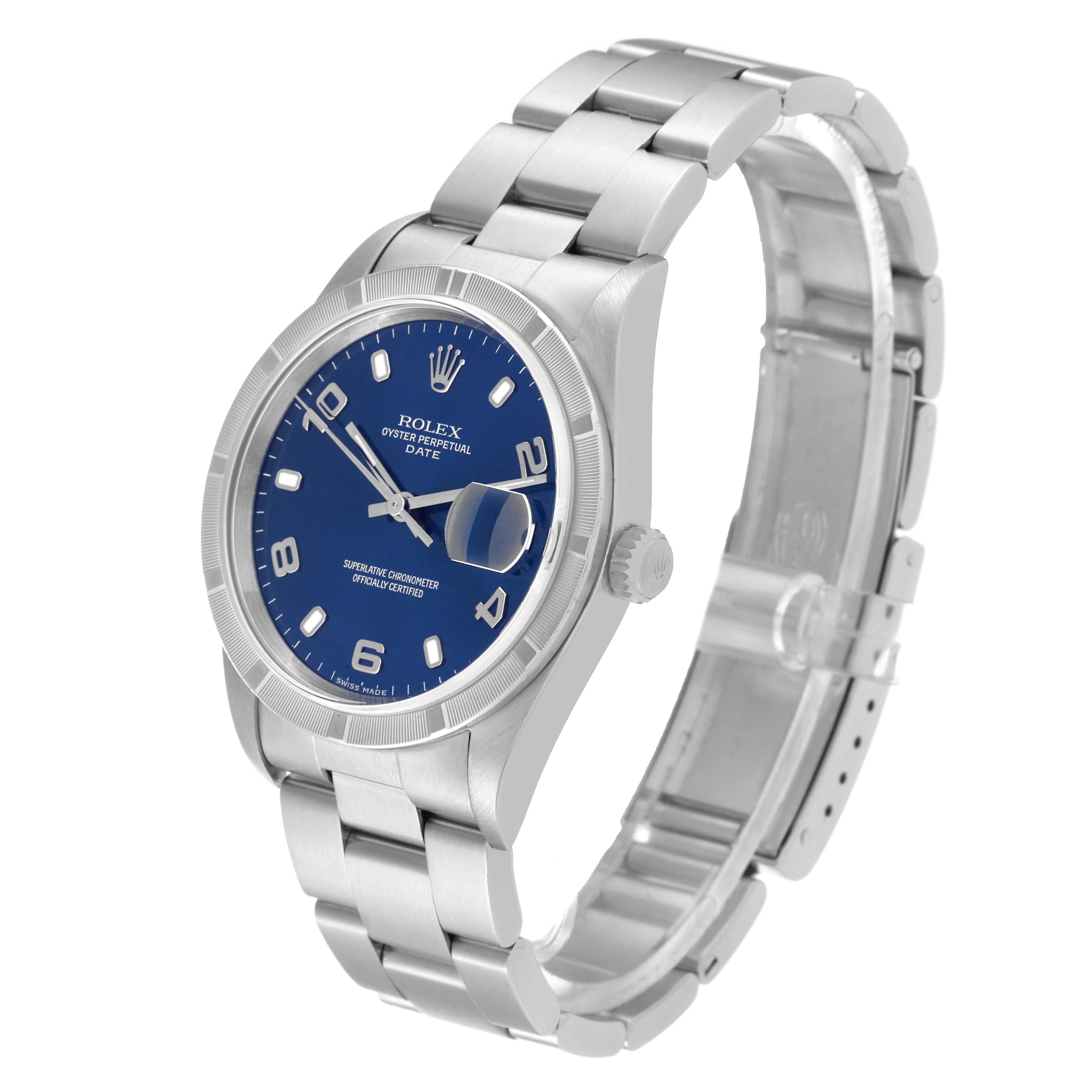 This image shows a Rolex Date 15210 Men's Stainless Steel Blue Dial 15210 Men's Stainless Steel Blue Dial model watch at a three-quarter angle, highlighting the face, bezel, and bracelet.