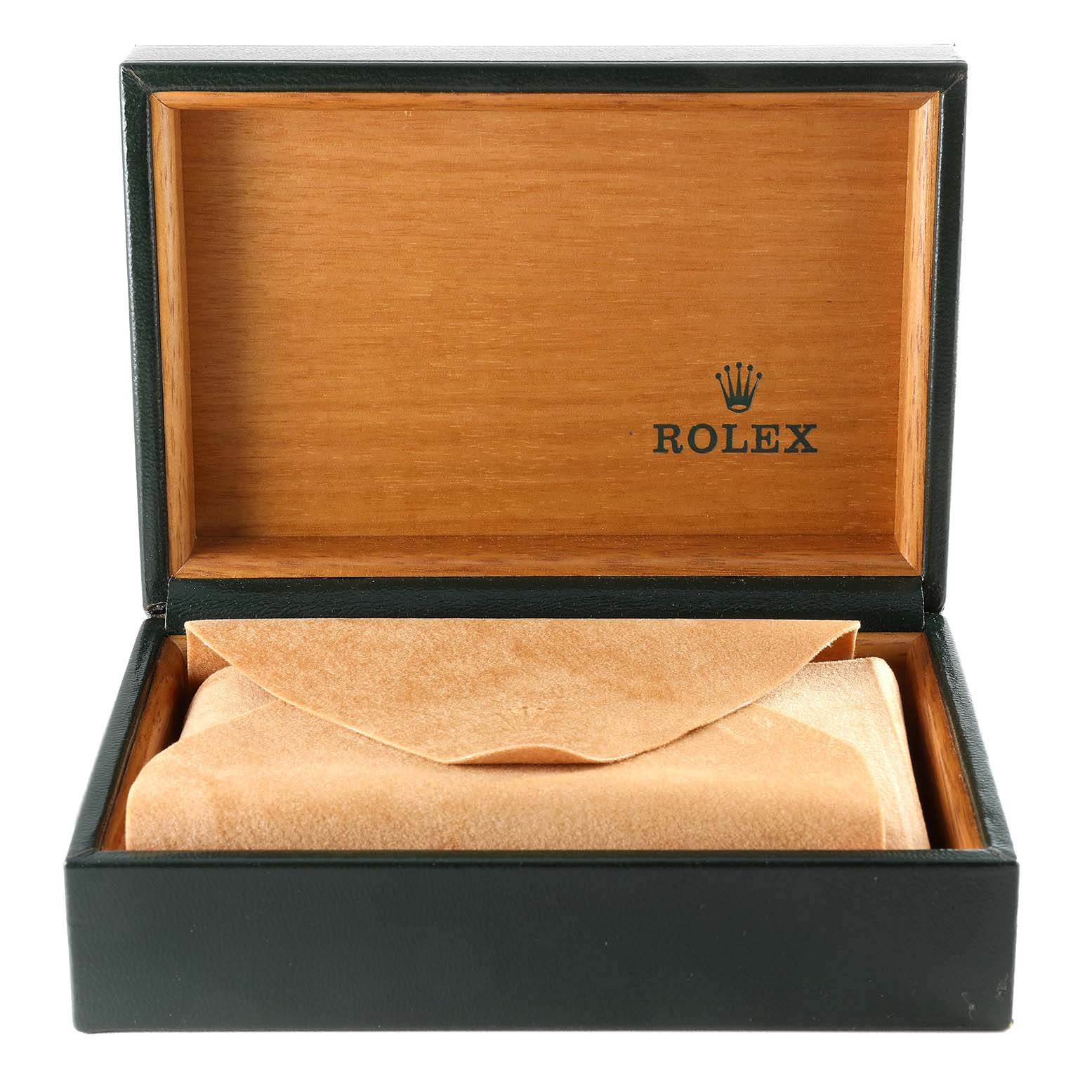 The image shows an open Rolex watch box for the Date model, with a leather pouch inside.