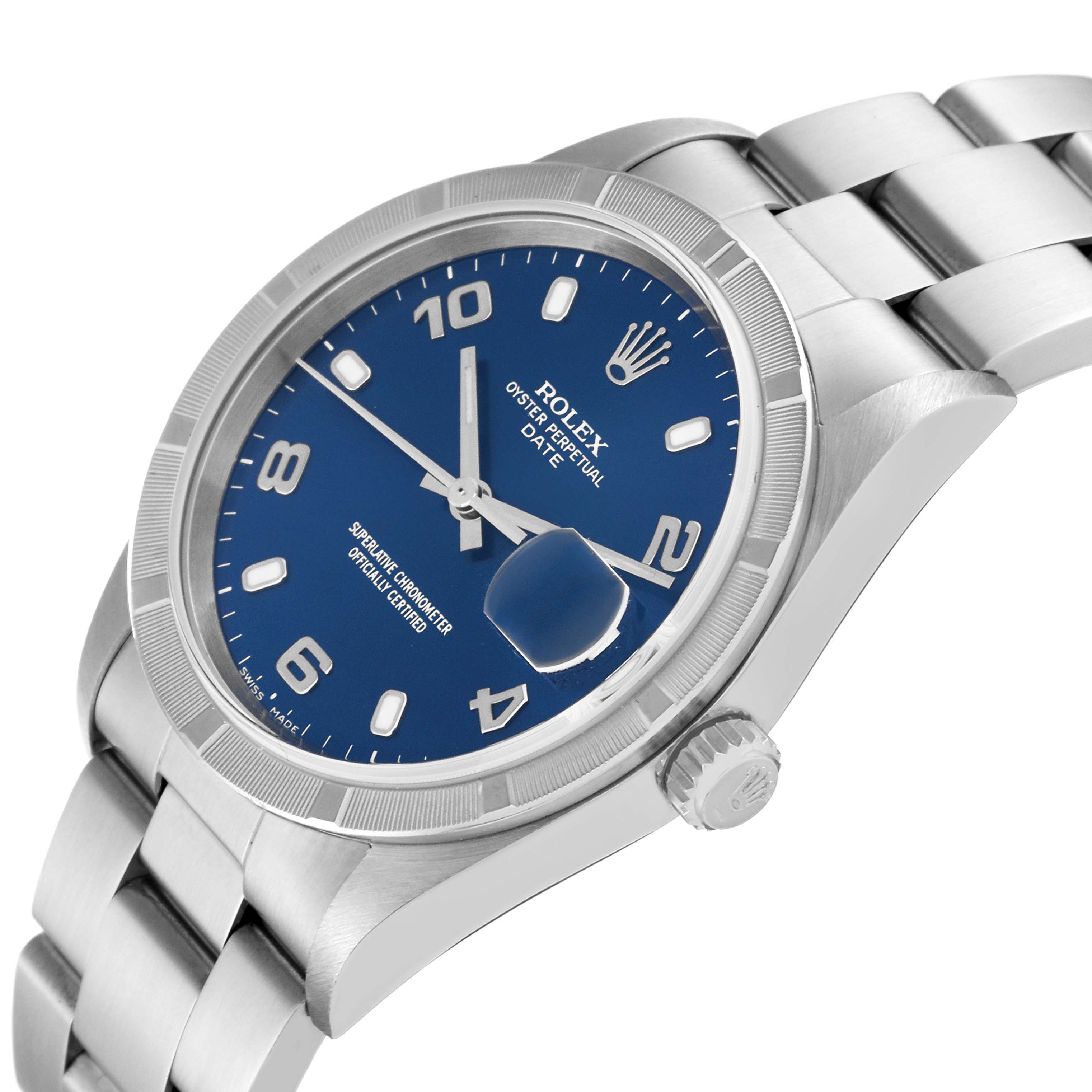 The image shows a close-up angled view of a Rolex Date 15210 Men's Stainless Steel Blue Dial 15210 Men's Stainless Steel Blue Dial watch, highlighting the blue dial, case, and partial bracelet.