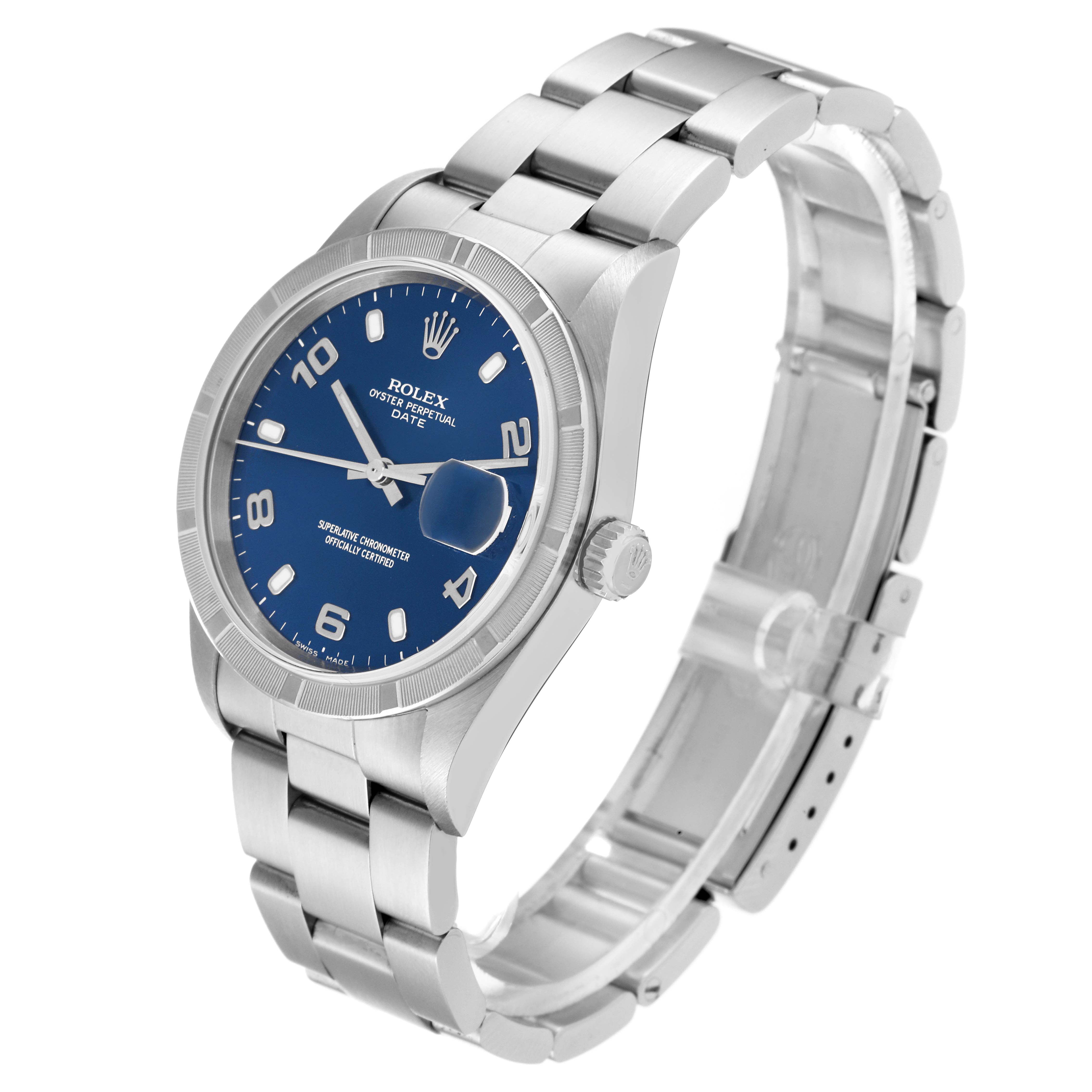 This image shows a Rolex Date 15210 Men's Stainless Steel Blue Dial 15210 Men's Stainless Steel Blue Dial model watch from a three-quarter angle, highlighting its blue dial, bezel, case, and bracelet.