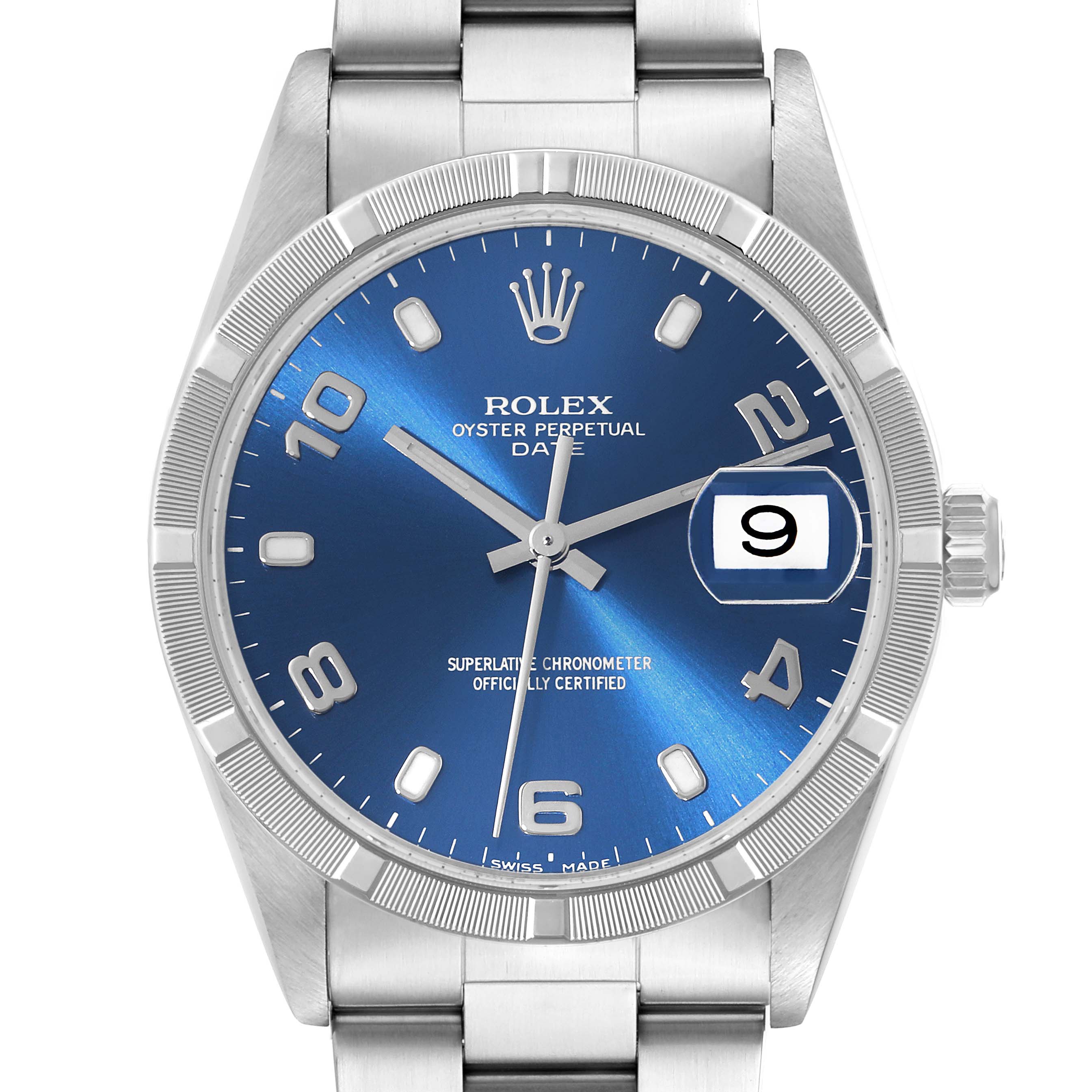 This image shows a front view of a Rolex Oyster Perpetual Date watch, highlighting the blue dial, date window, and stainless steel band.