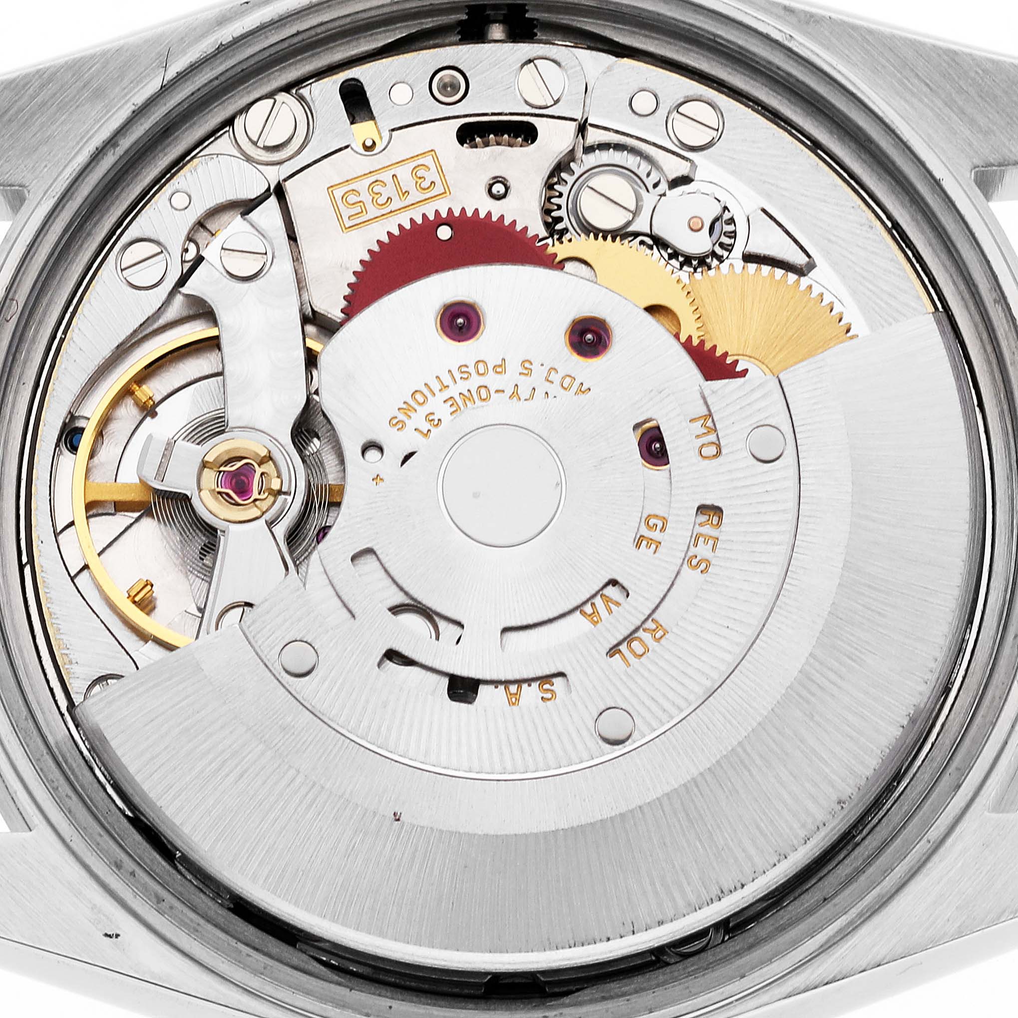 This image shows the internal movement parts of a Rolex Date 15210 Men's Stainless Steel Blue Dial 15210 Men's Stainless Steel Blue Dial model watch from a top-down angle.