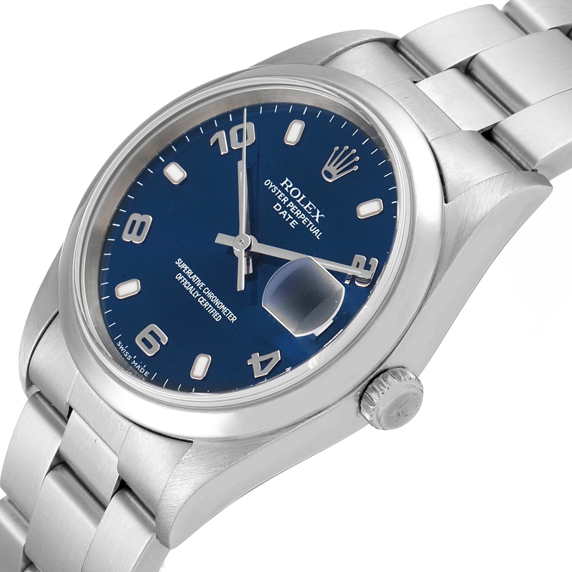This image shows a close-up of the Rolex Date 15200 Men's Stainless Steel Blue Dial 15200 Men's Stainless Steel Blue Dial model watch, highlighting the dial, bezel, crown, and bracelet.