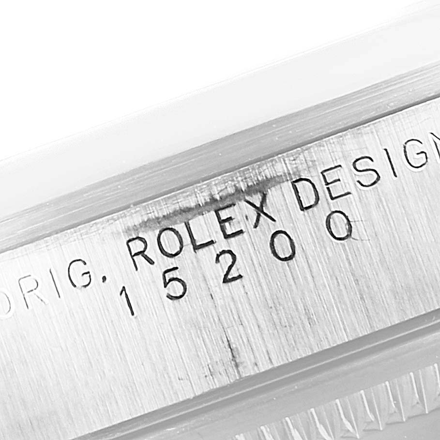 This image shows the model number "15200" engraved on the case side of a Rolex Date 15200 Men's Stainless Steel Blue Dial 15200 Men's Stainless Steel Blue Dial watch.