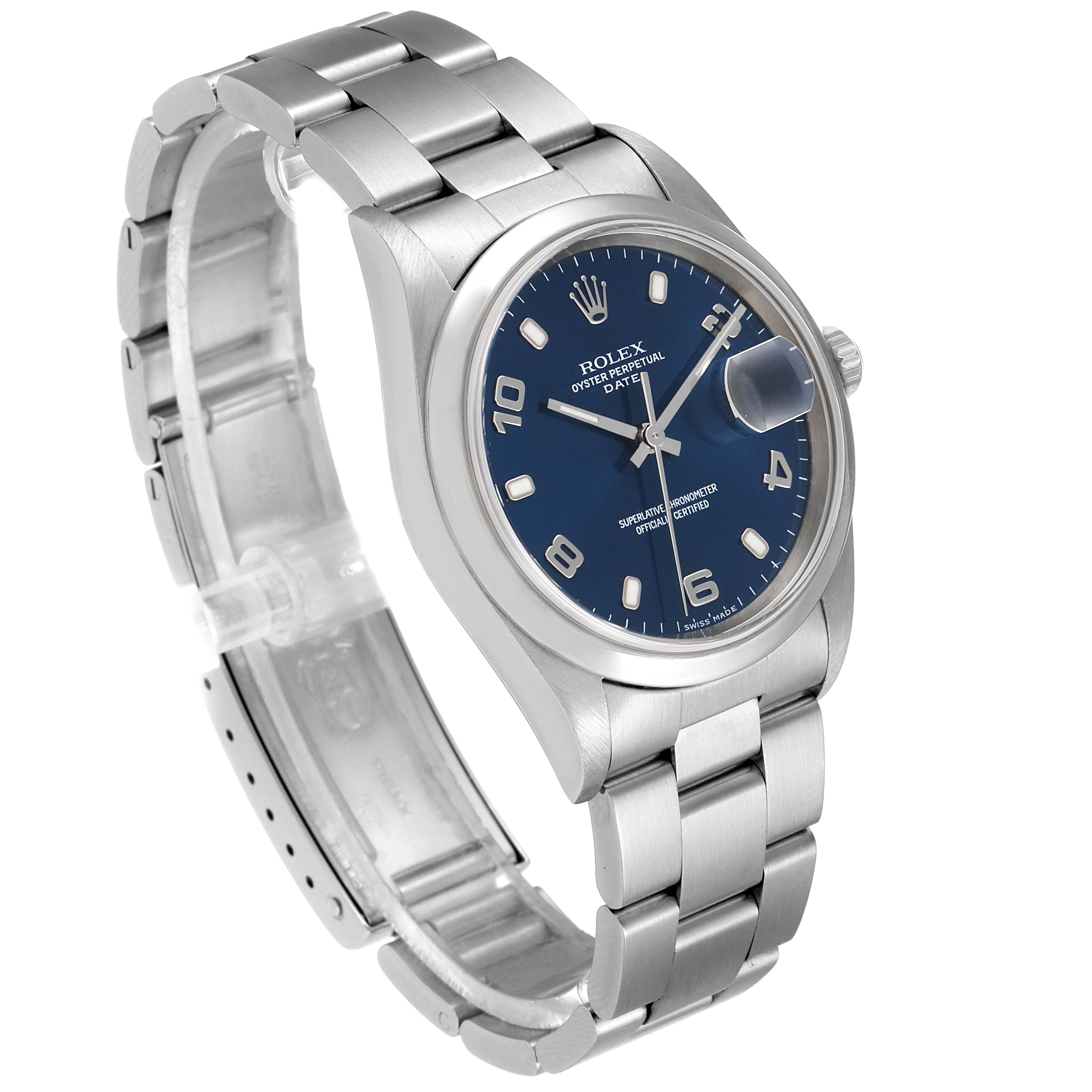 This image shows a Rolex Date 15200 Men's Stainless Steel Blue Dial 15200 Men's Stainless Steel Blue Dial watch, featuring its face, bracelet, crown, and clasp at a slight angle.