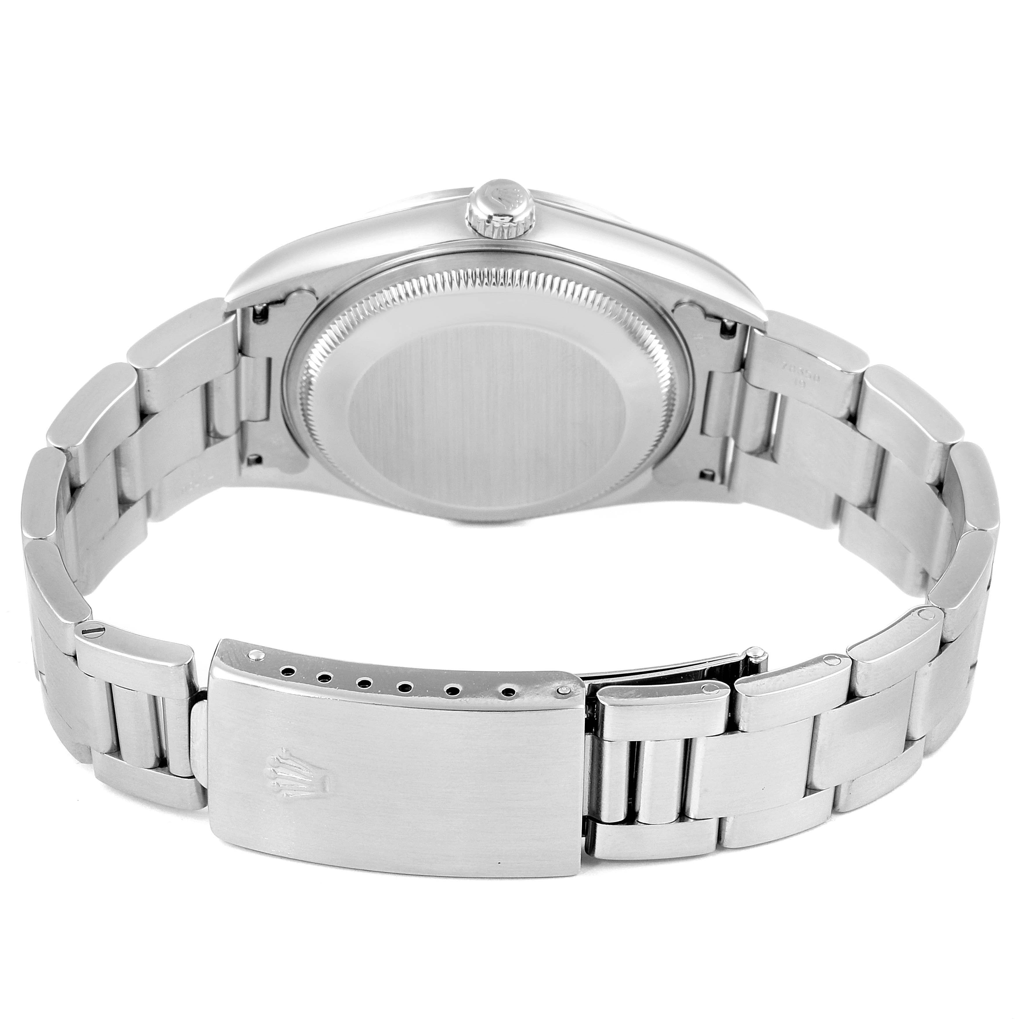 This image shows the back case and bracelet of a Rolex Date 15200 Men's Stainless Steel Blue Dial 15200 Men's Stainless Steel Blue Dial model watch at an angled view.