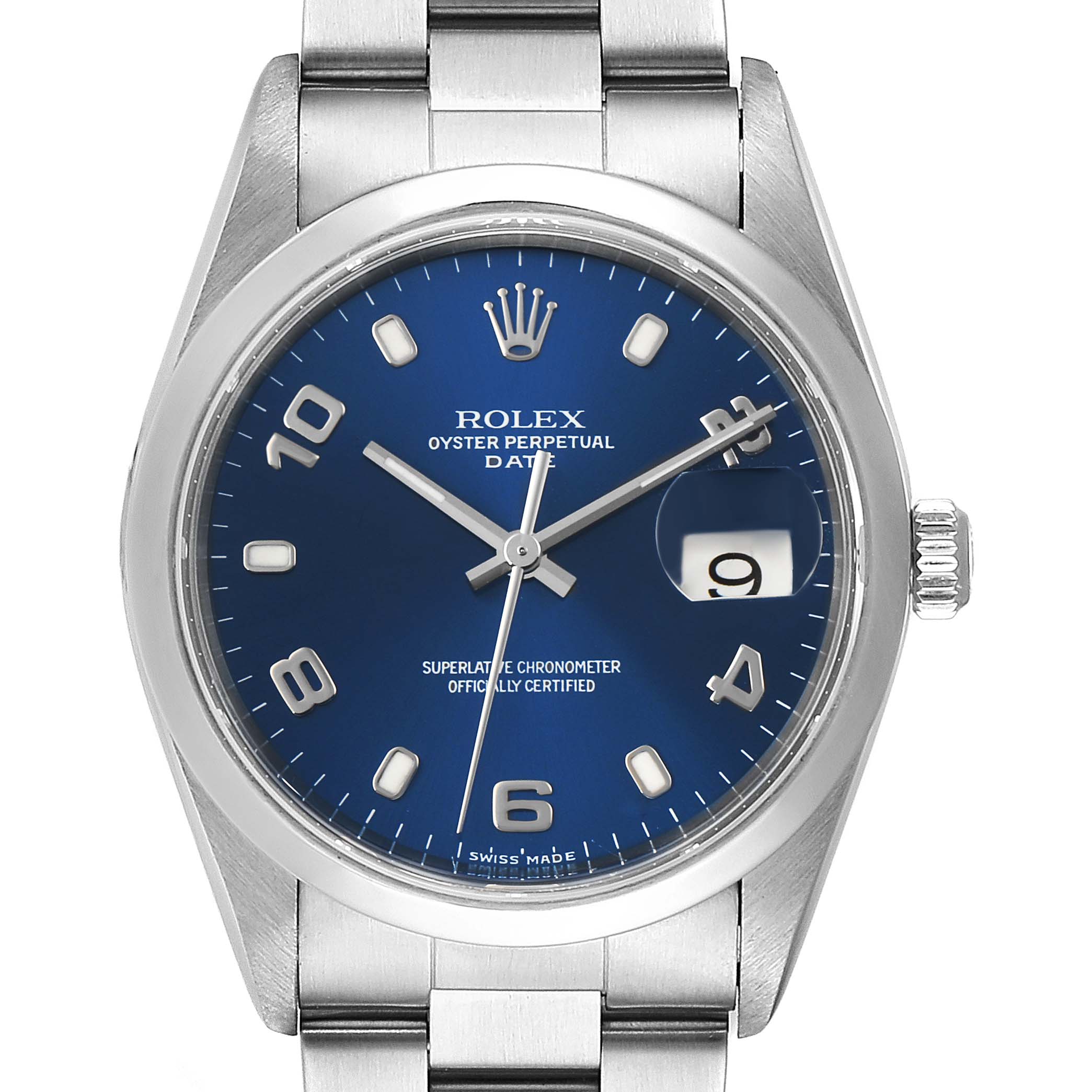 This image shows a front view of a Rolex Oyster Perpetual Date model, highlighting the blue dial, hands, date window, and stainless steel bracelet.