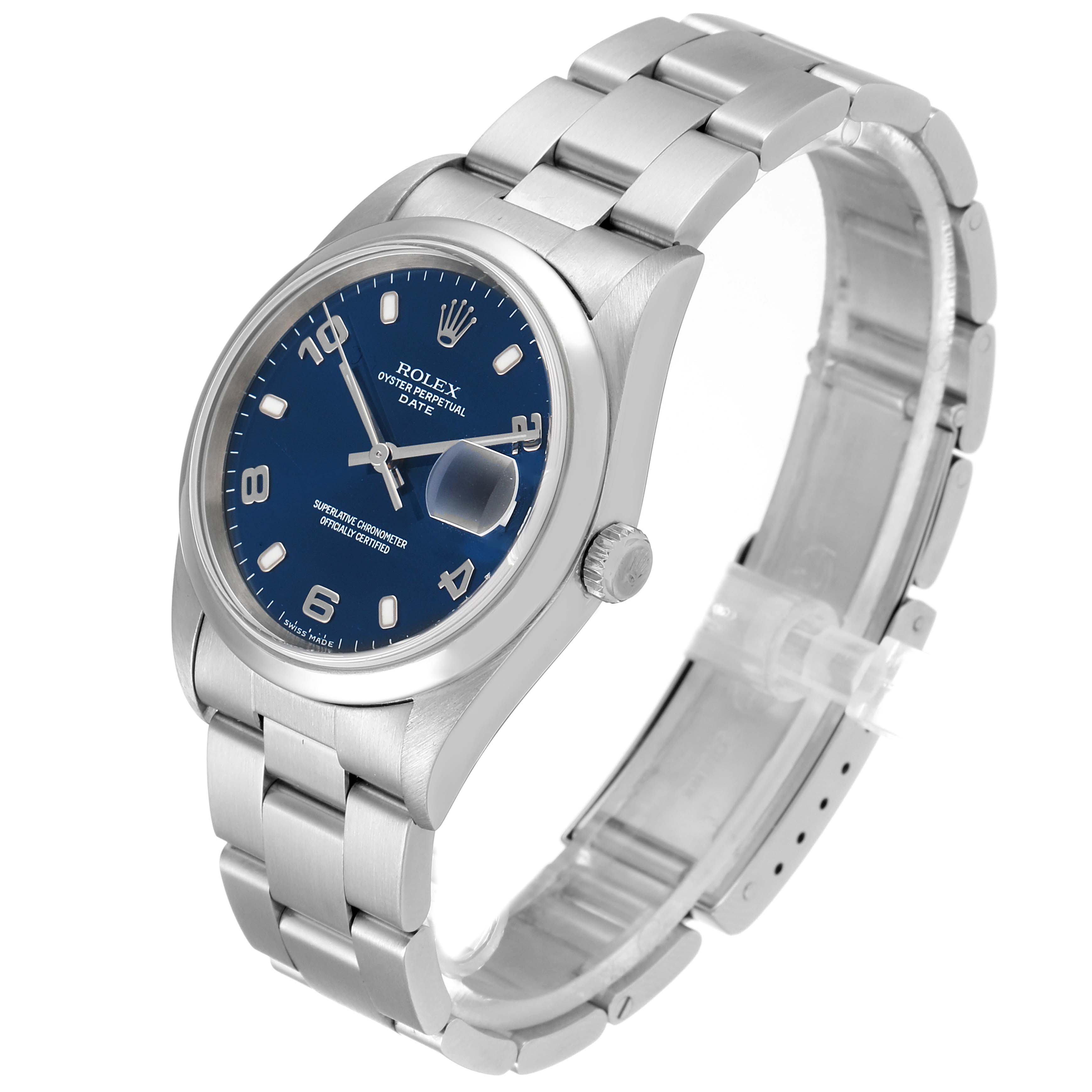 The Rolex Date 15200 Men's Stainless Steel Blue Dial 15200 Men's Stainless Steel Blue Dial watch is shown at an angle displaying the face, bracelet, crown, and partially the clasp.