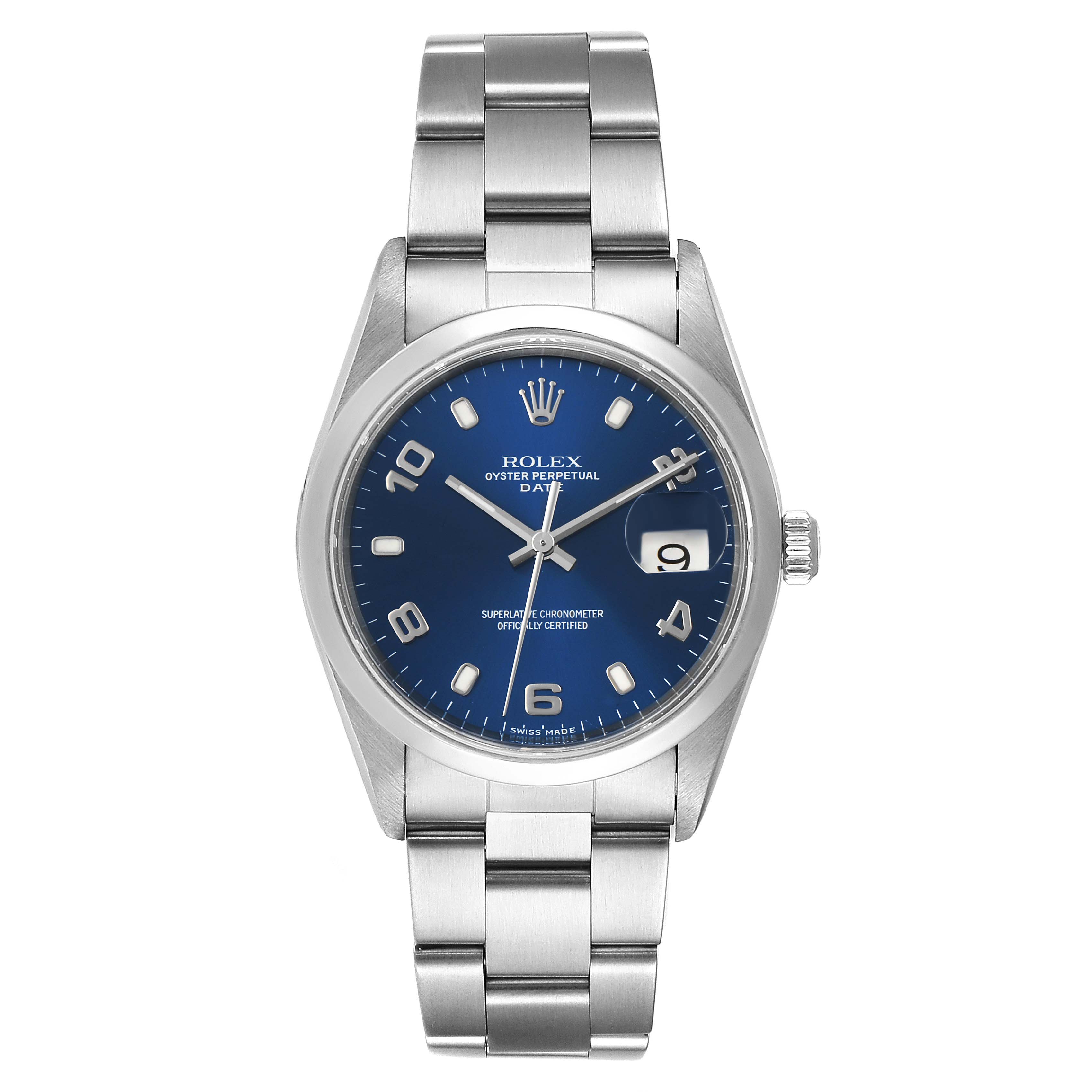 This image shows a front view of a Rolex Date 15200 Men's Stainless Steel Blue Dial 15200 Men's Stainless Steel Blue Dial model watch, including the blue dial, bracelet, and crown.