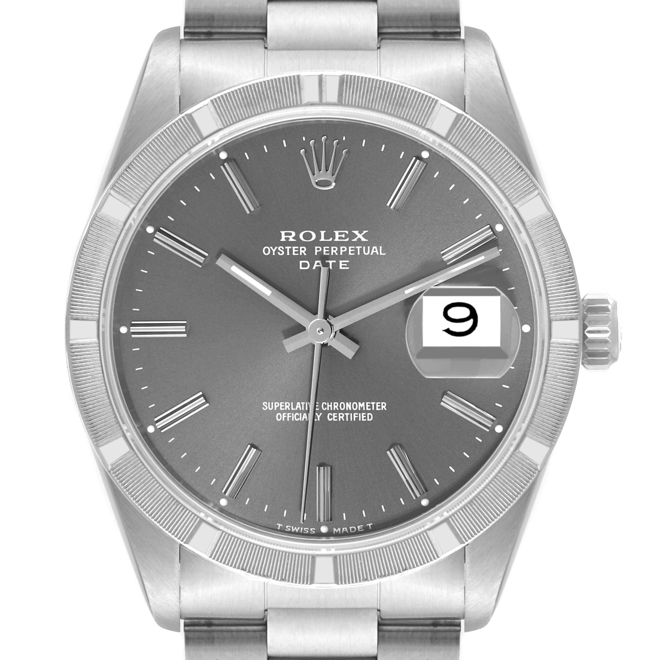 The image shows a frontal view of a Rolex Date 15210 Men's Stainless Steel Grey Dial 15210 Men's Stainless Steel Grey Dial model watch, highlighting the dial, bezel, and bracelet.