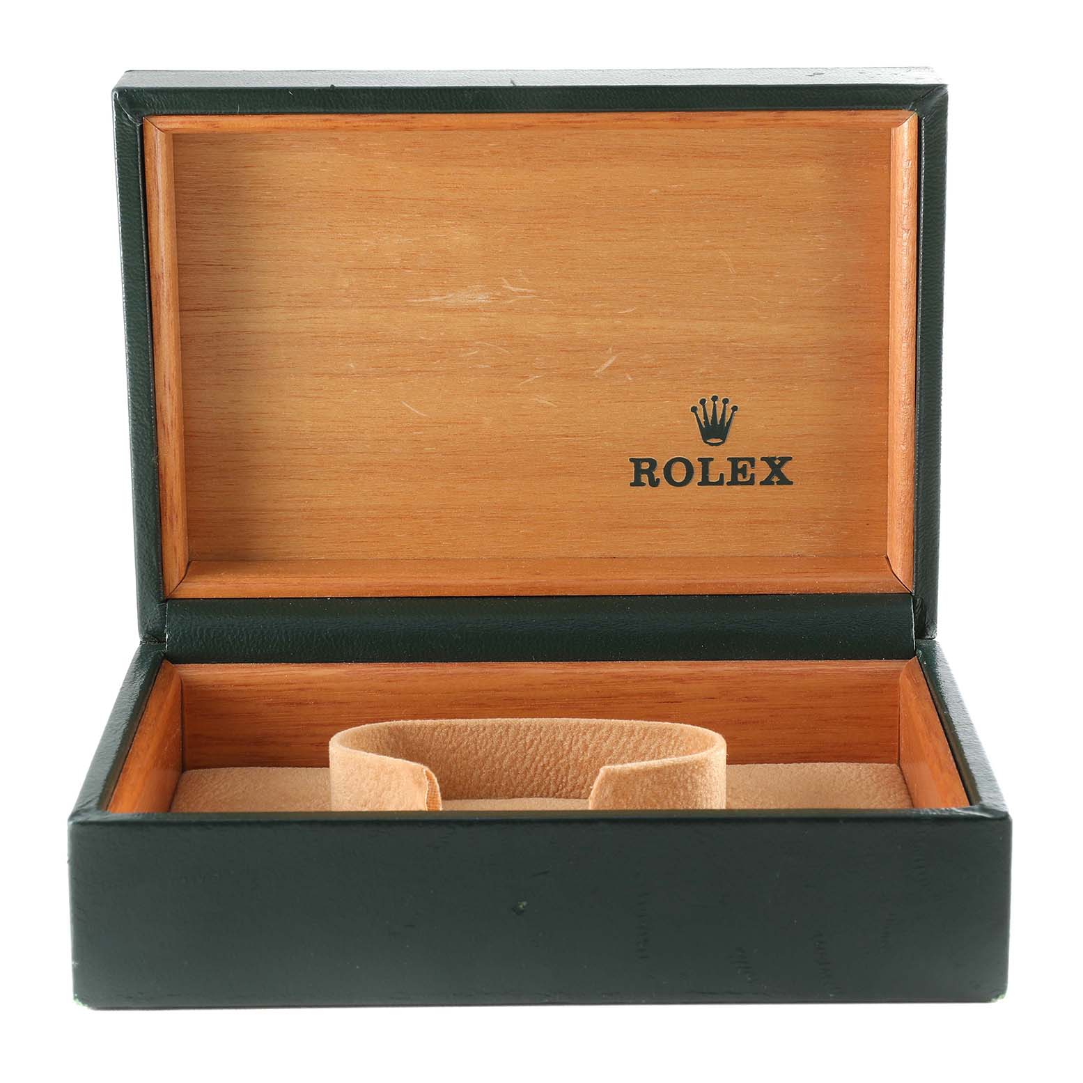The image shows an open Rolex Date 15210 Men's Stainless Steel Grey Dial 15210 Men's Stainless Steel Grey Dial watch box with a leather cushion inside.