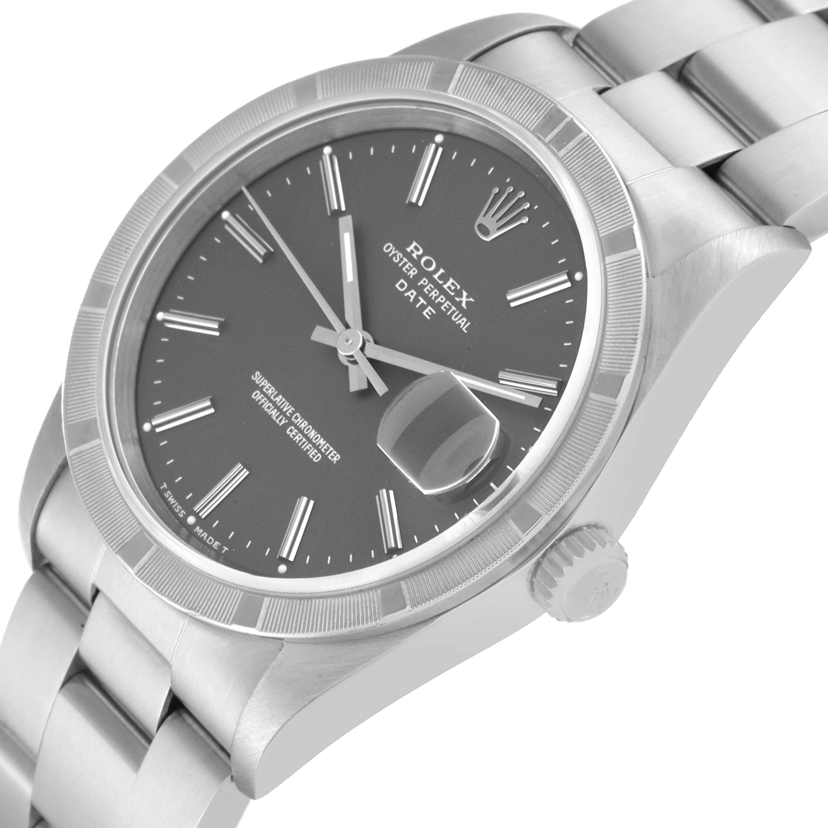 This image shows a Rolex Date 15210 Men's Stainless Steel Grey Dial 15210 Men's Stainless Steel Grey Dial model watch from a slight side angle, displaying the dial, crown, and bracelet.