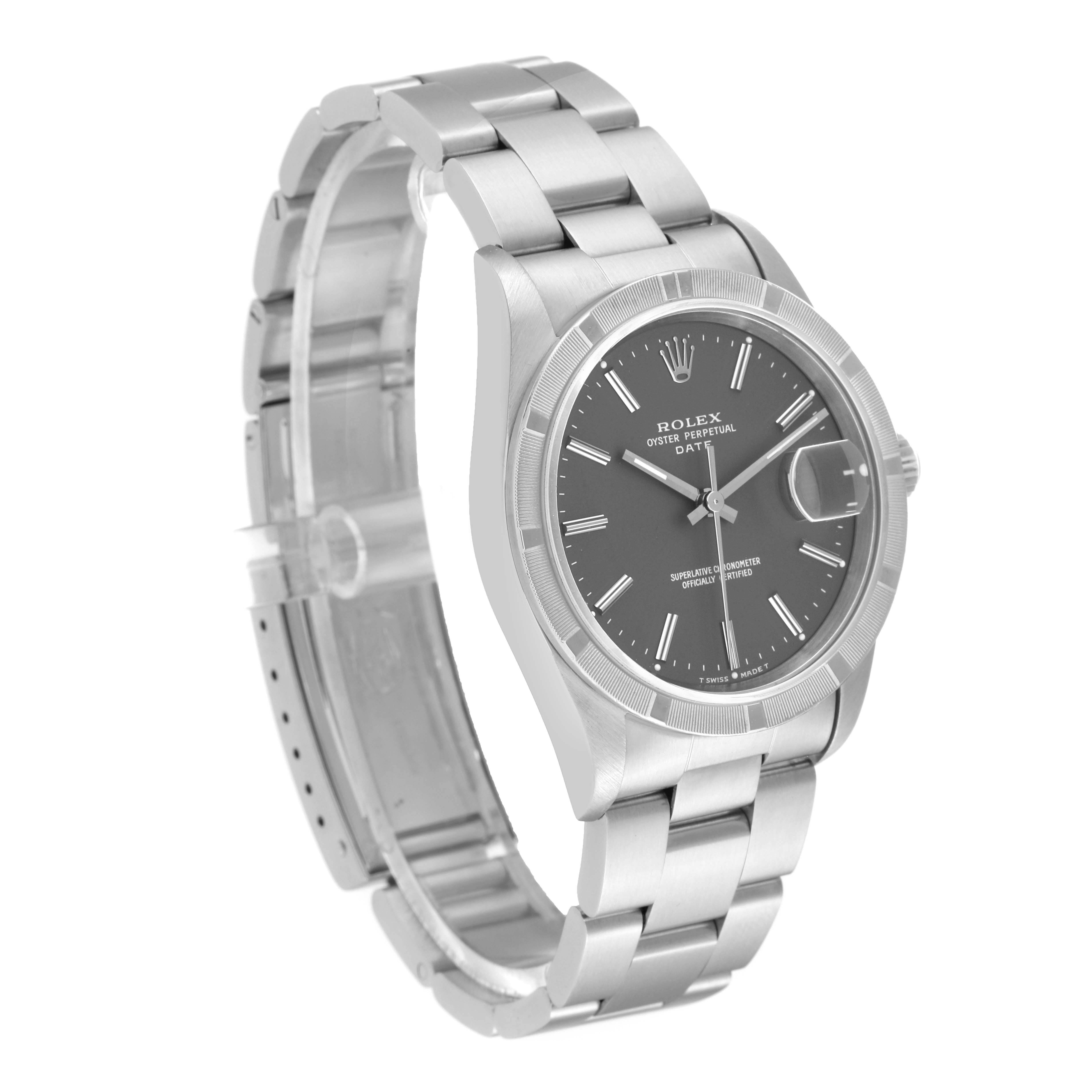 The image shows a Rolex Date 15210 Men's Stainless Steel Grey Dial 15210 Men's Stainless Steel Grey Dial model watch at a slight angle, highlighting the face, bezel, bracelet, and clasp.