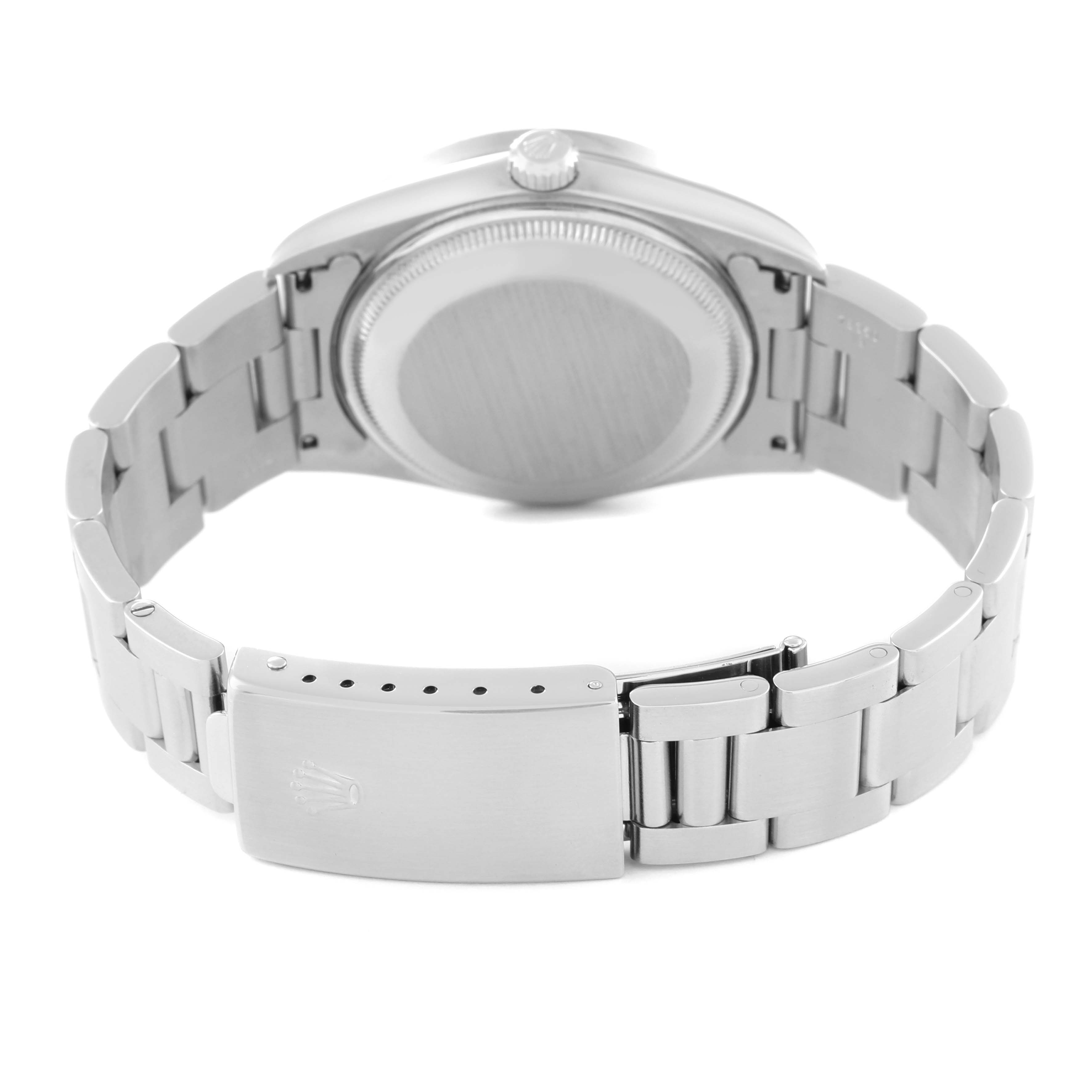 The image shows the back case, bracelet, and clasp of a Rolex Date 15210 Men's Stainless Steel Grey Dial 15210 Men's Stainless Steel Grey Dial watch, viewed from the rear.