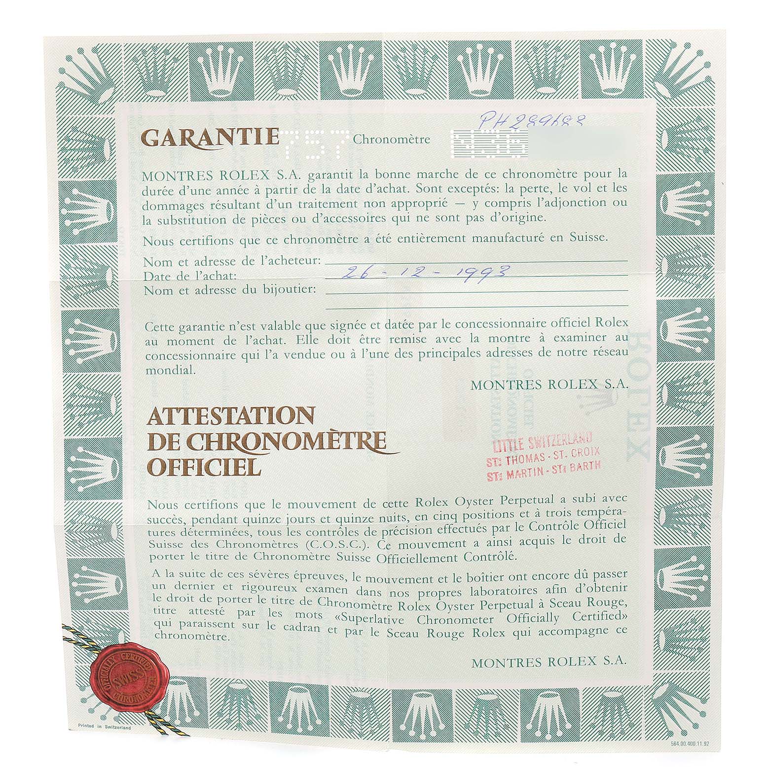 This image shows the warranty and official chronometer certification papers for a Rolex Date 15210 Men's Stainless Steel White Dial 15210 Men's Stainless Steel White Dial model watch.