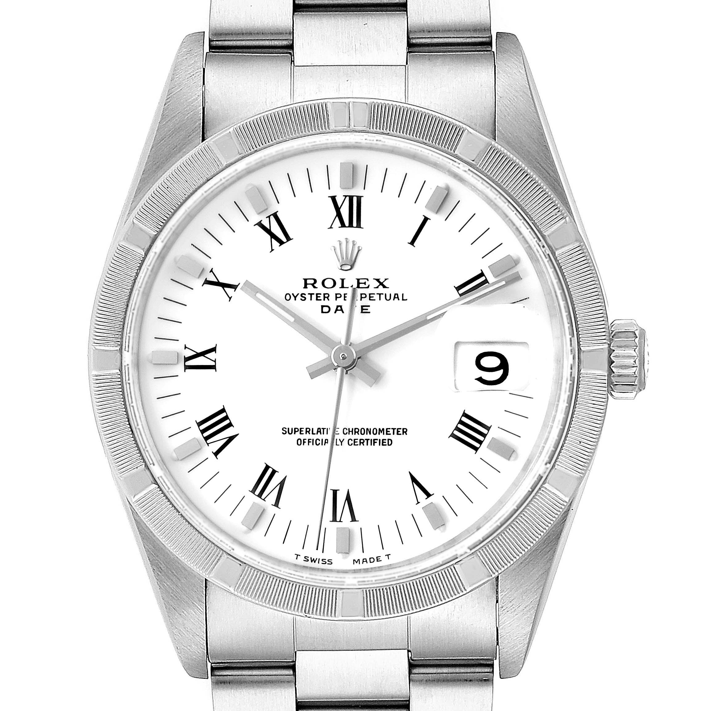 The image shows a frontal view of a Rolex Date 15210 Men's Stainless Steel White Dial 15210 Men's Stainless Steel White Dial model watch, highlighting its dial, bezel, bracelet, and date window.