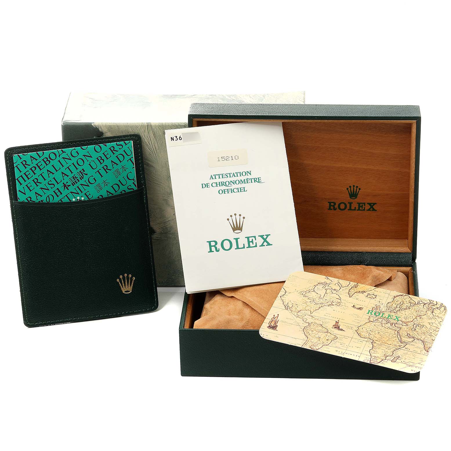 The image shows a Rolex Date 15210 Men's Stainless Steel White Dial 15210 Men's Stainless Steel White Dial model watch box, manuals, and documents, viewed from the front.