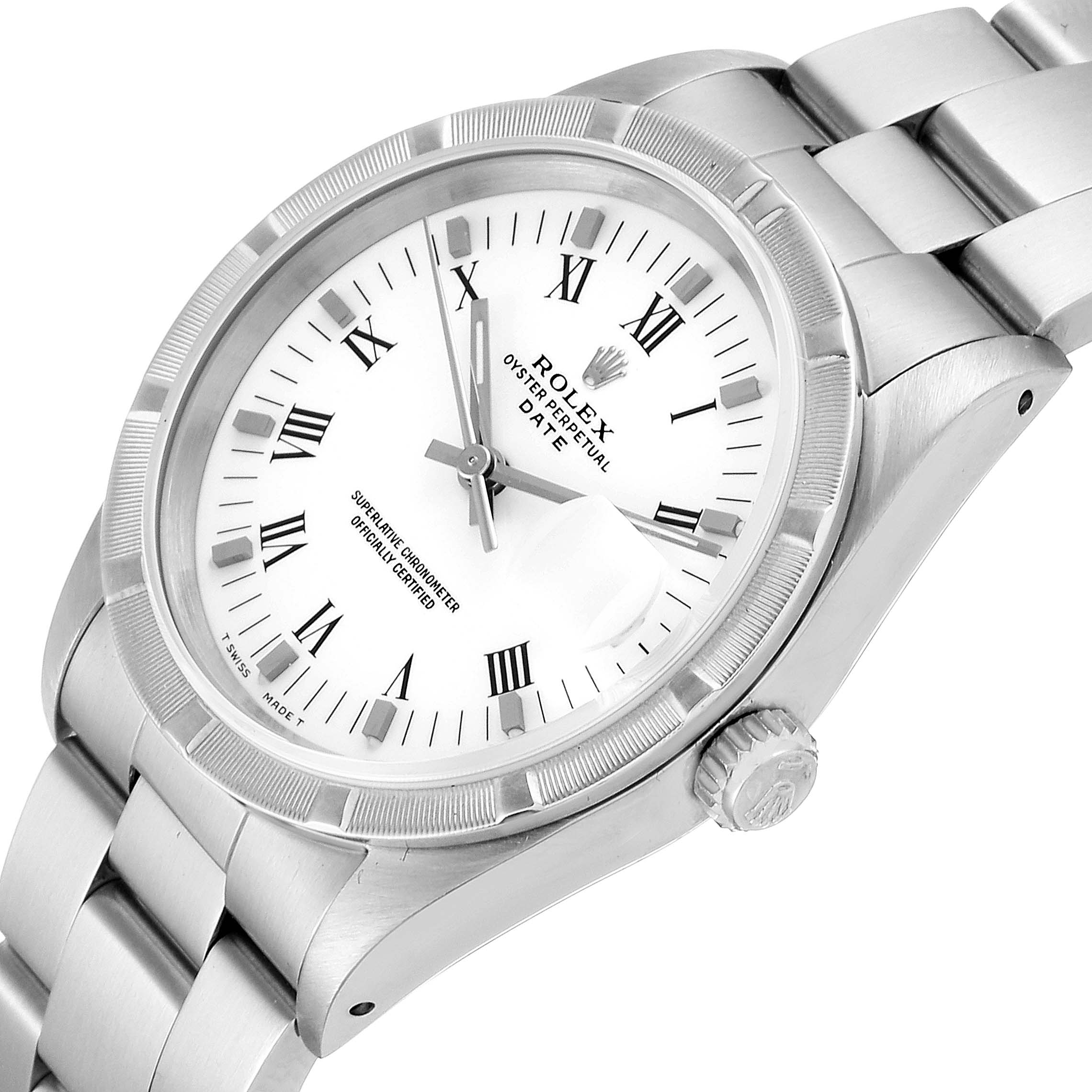 The image shows a close-up view of the Rolex Date 15210 Men's Stainless Steel White Dial 15210 Men's Stainless Steel White Dial model, displaying the dial, bezel, crown, and part of the bracelet.