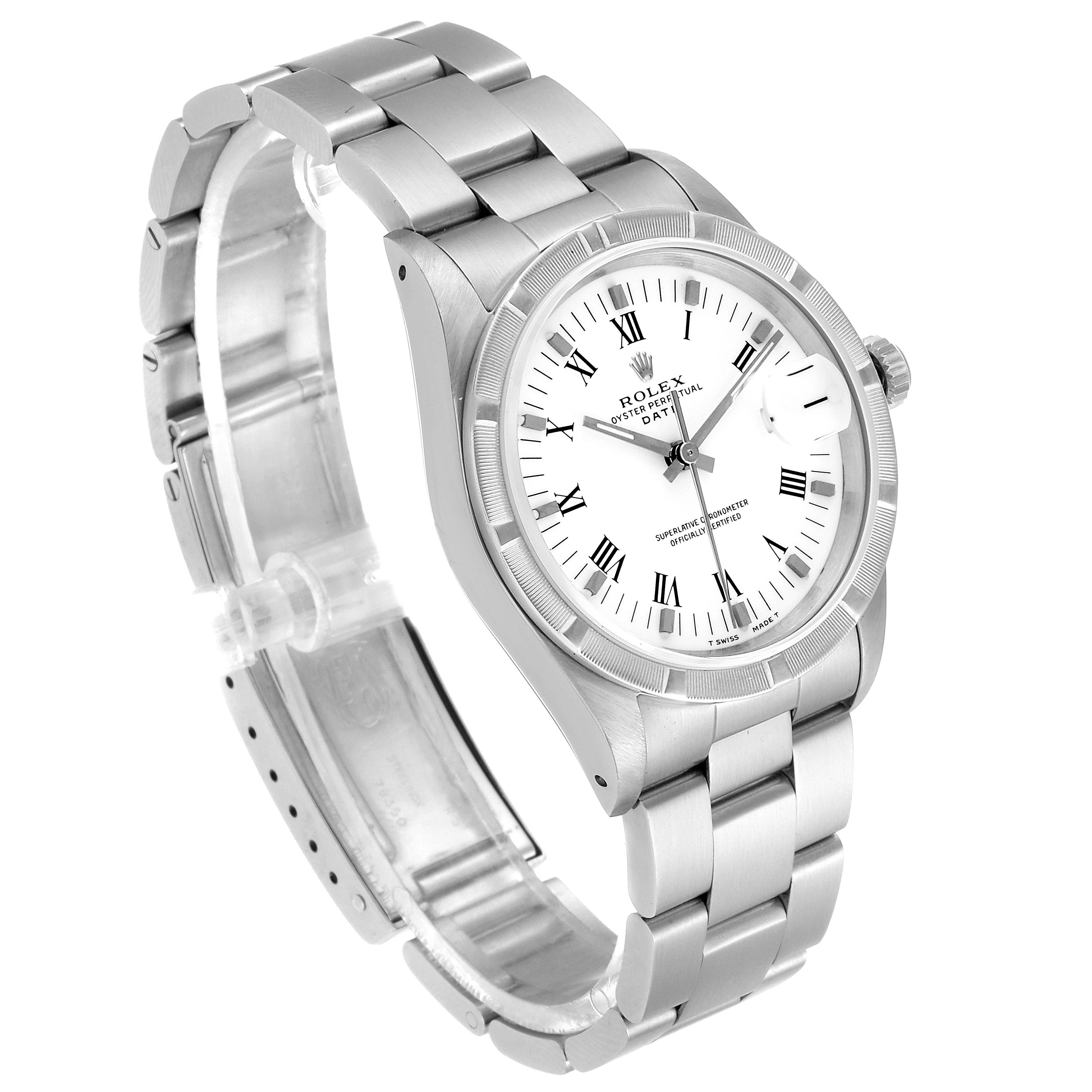 The image shows a Rolex Date 15210 Men's Stainless Steel White Dial 15210 Men's Stainless Steel White Dial model watch at an angle highlighting its face, bezel, and bracelet.