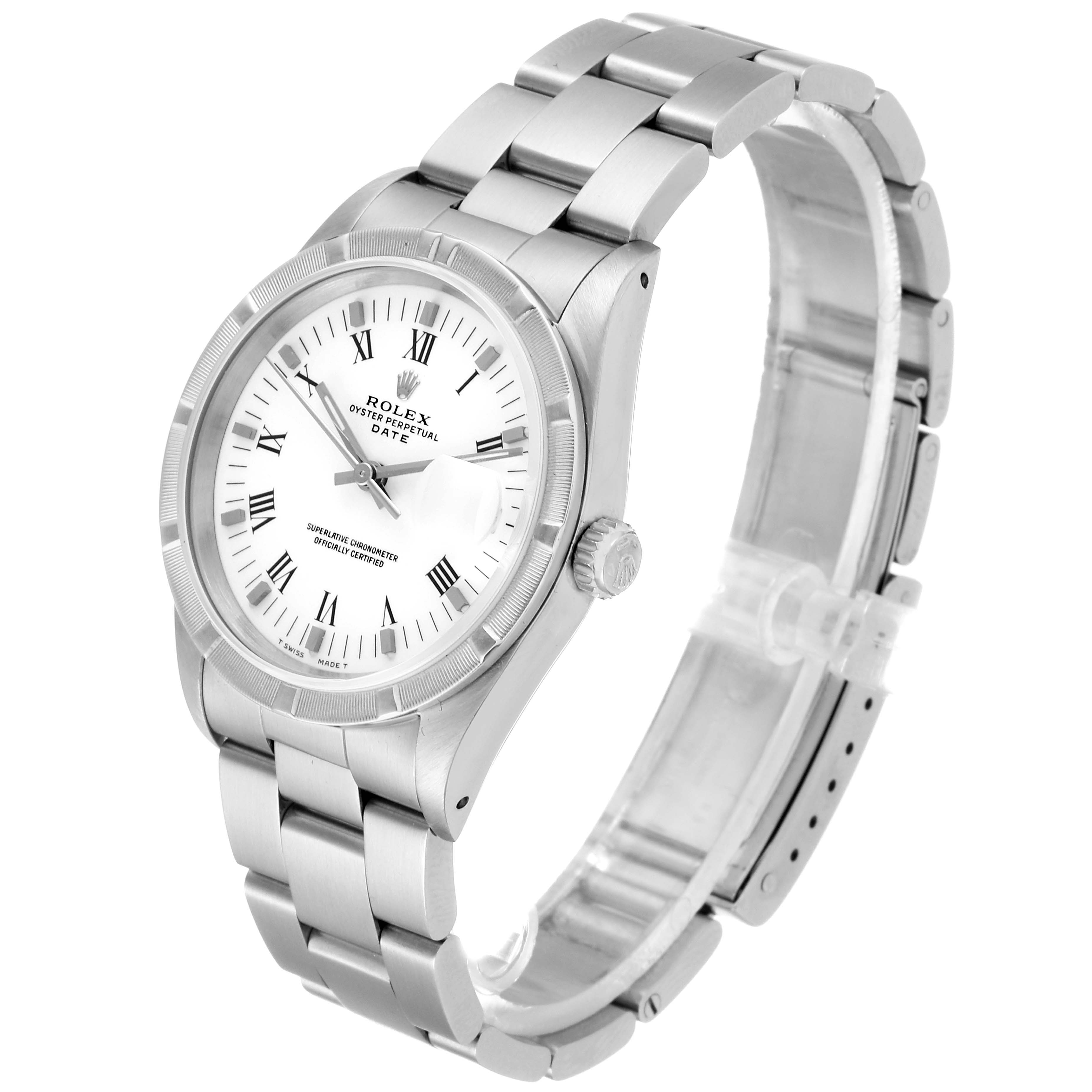 The image shows a Rolex Date 15210 Men's Stainless Steel White Dial 15210 Men's Stainless Steel White Dial model watch at a three-quarter angle, highlighting its face, bezel, case, crown, and bracelet.