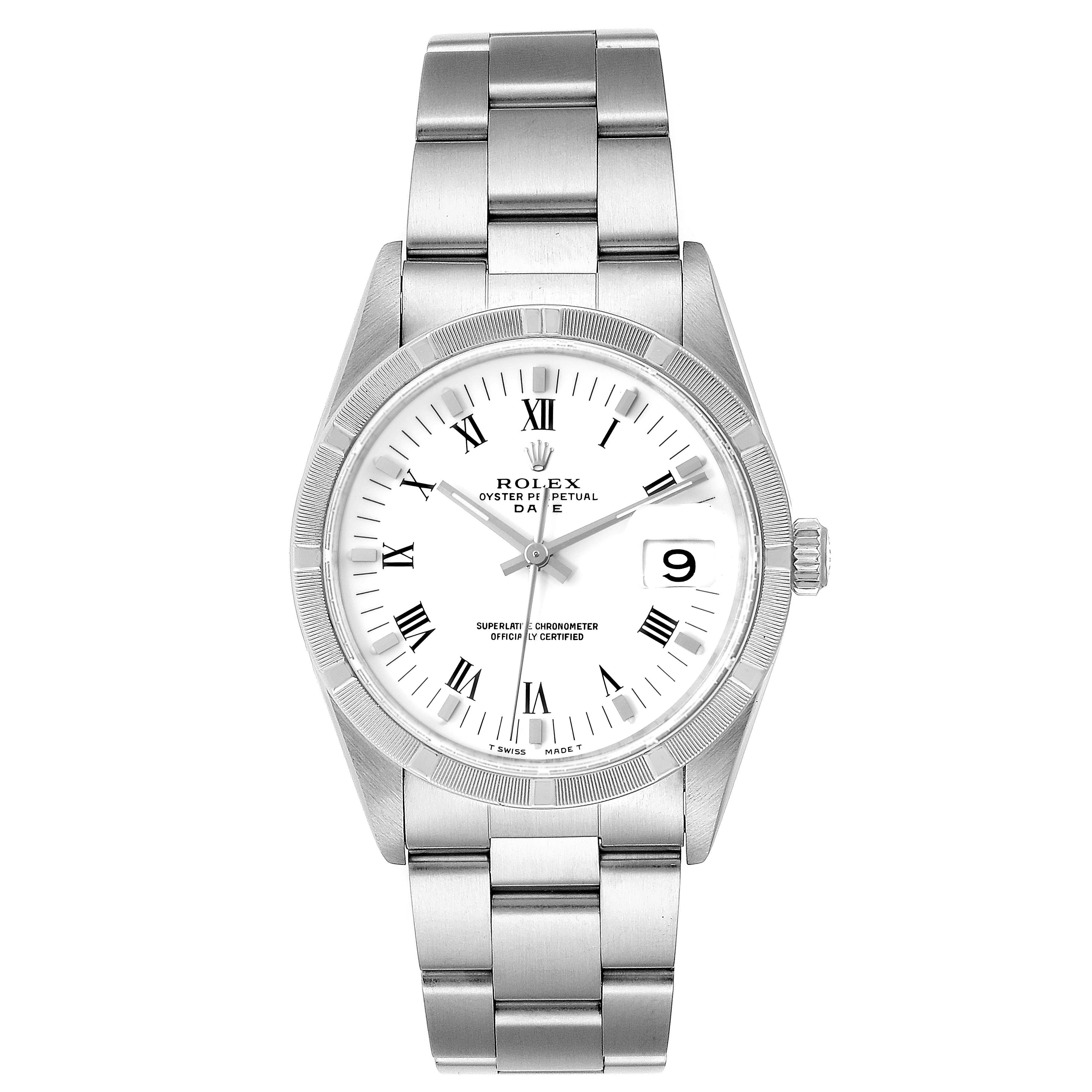 This image shows a front view of the Rolex Date 15210 Men's Stainless Steel White Dial 15210 Men's Stainless Steel White Dial model watch, displaying the face, bezel, bracelet, and crown.