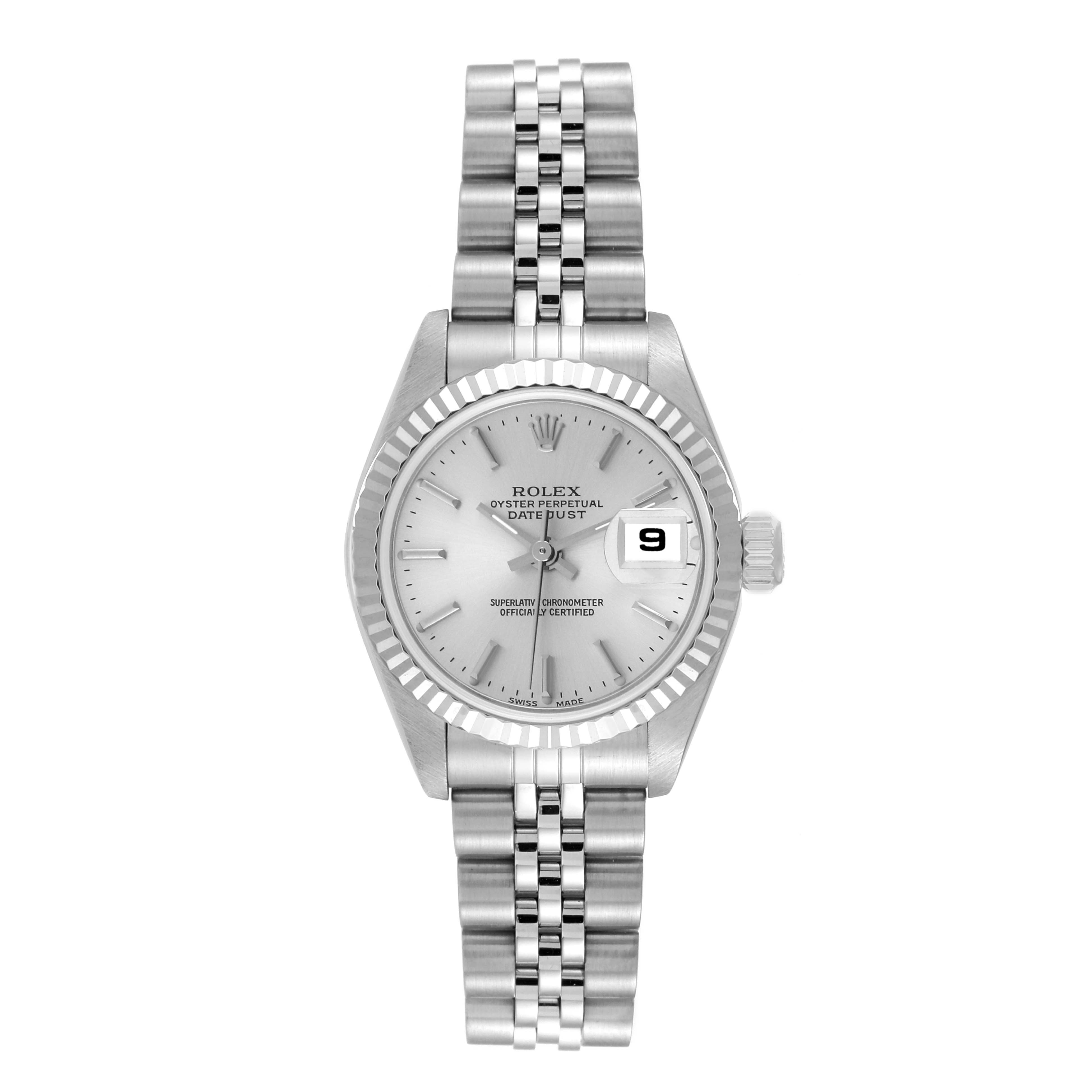 The image shows a front view of the Rolex Datejust 79174 Women's Stainless Steel Silver Dial 79174 Women's Stainless Steel Silver Dial watch, highlighting the dial, bezel, and bracelet.