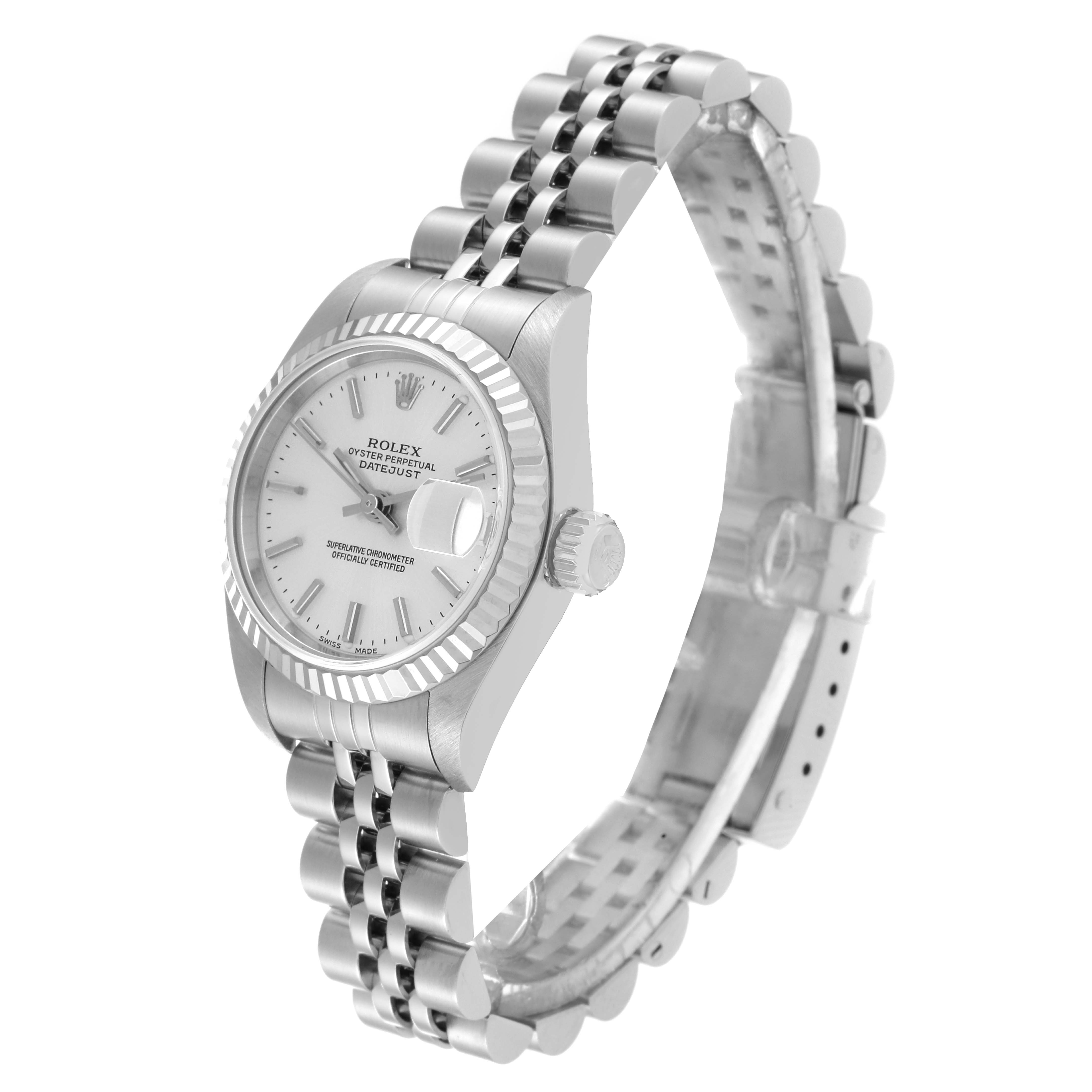 This image shows a Rolex Datejust 79174 Women's Stainless Steel Silver Dial 79174 Women's Stainless Steel Silver Dial watch at a three-quarter angle, highlighting the face, bezel, crown, and bracelet.