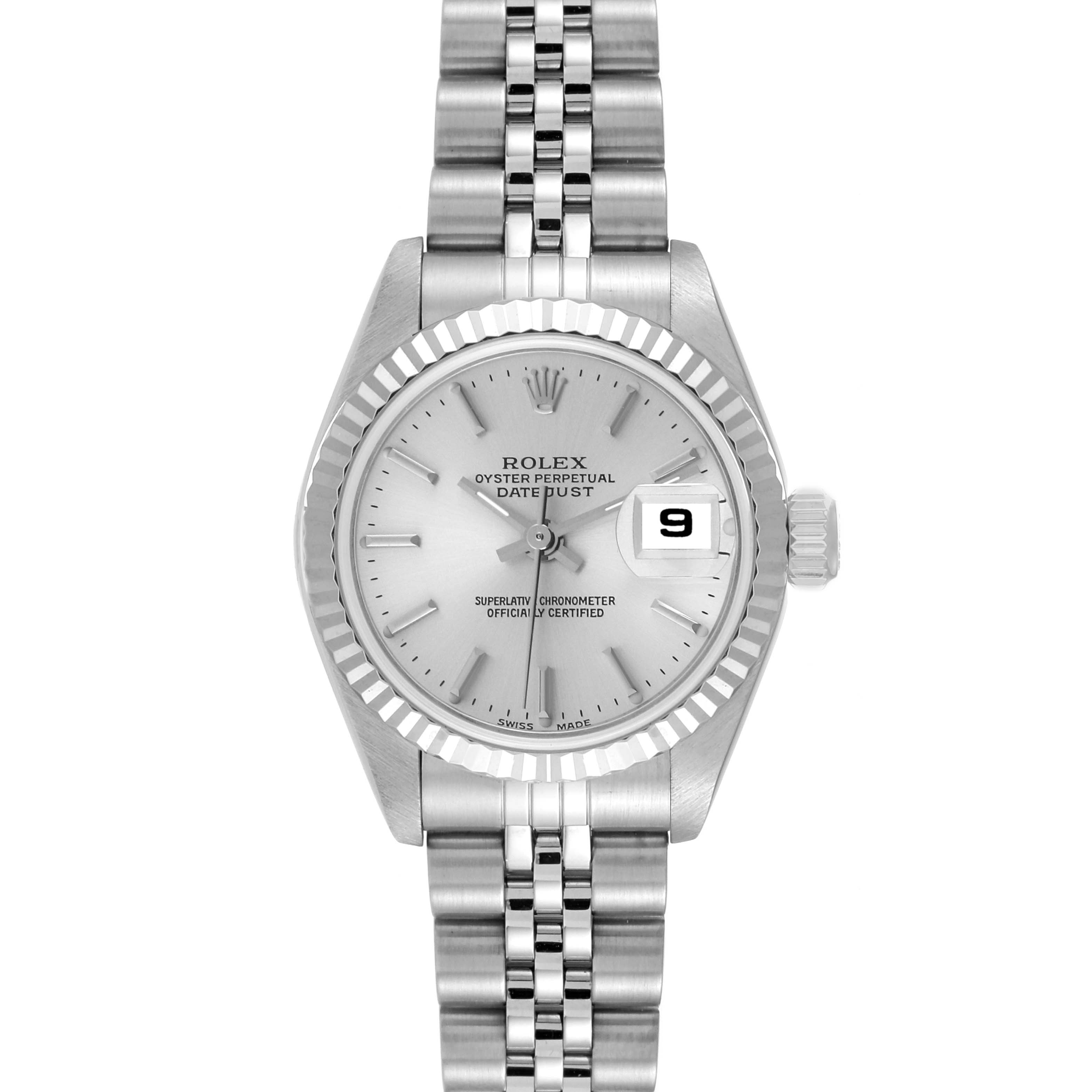 The image shows a front view of the Rolex Datejust 79174 Women's Stainless Steel Silver Dial 79174 Women's Stainless Steel Silver Dial watch, including the dial, fluted bezel, and metal bracelet.