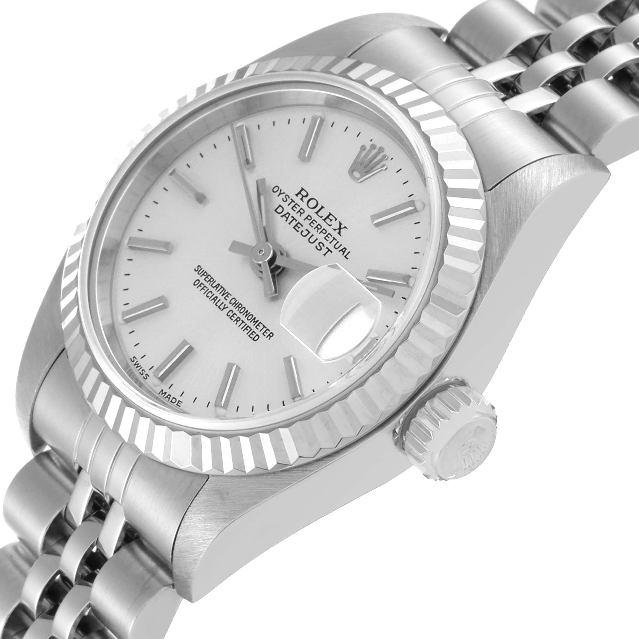 The image shows a side angle of a Rolex Datejust 79174 Women's Stainless Steel Silver Dial 79174 Women's Stainless Steel Silver Dial watch, highlighting its face, bezel, crown, and part of the bracelet.