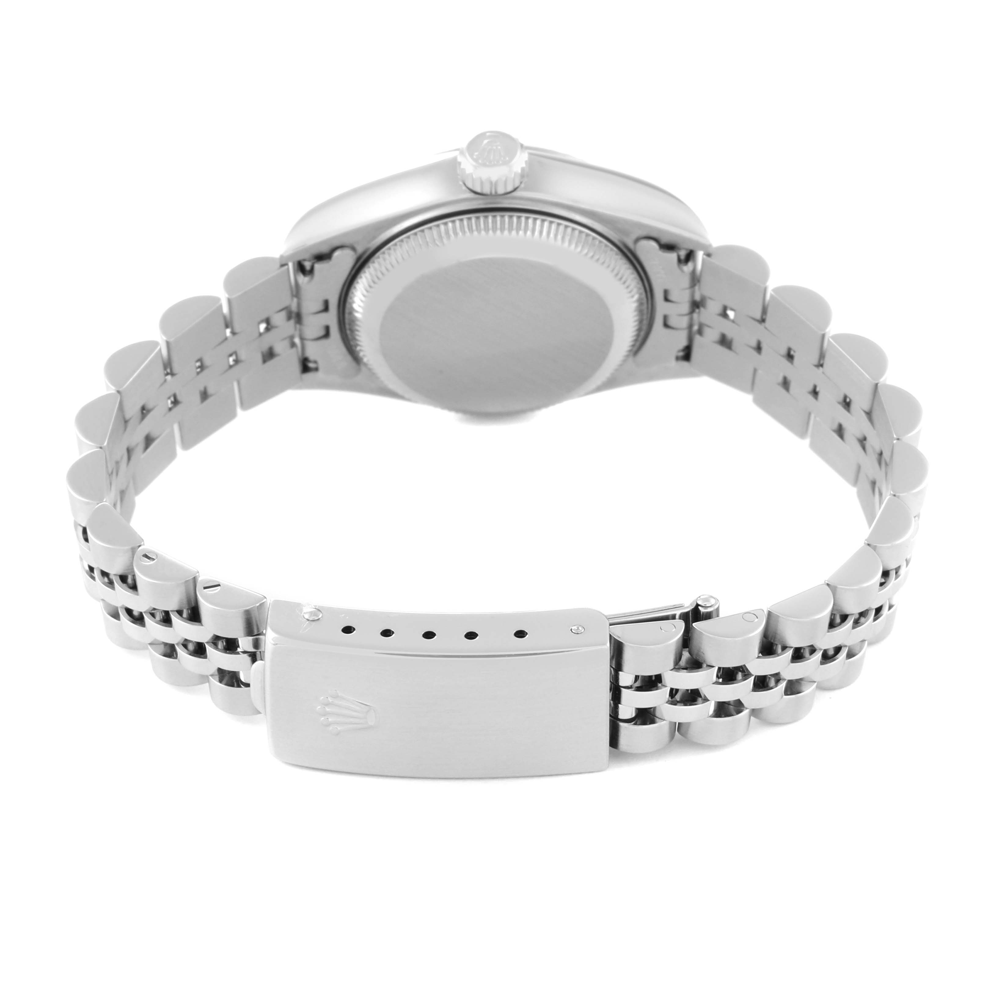 The image shows the back view of a Rolex Datejust 79174 Women's Stainless Steel Silver Dial 79174 Women's Stainless Steel Silver Dial watch, focusing on the caseback and bracelet clasp.