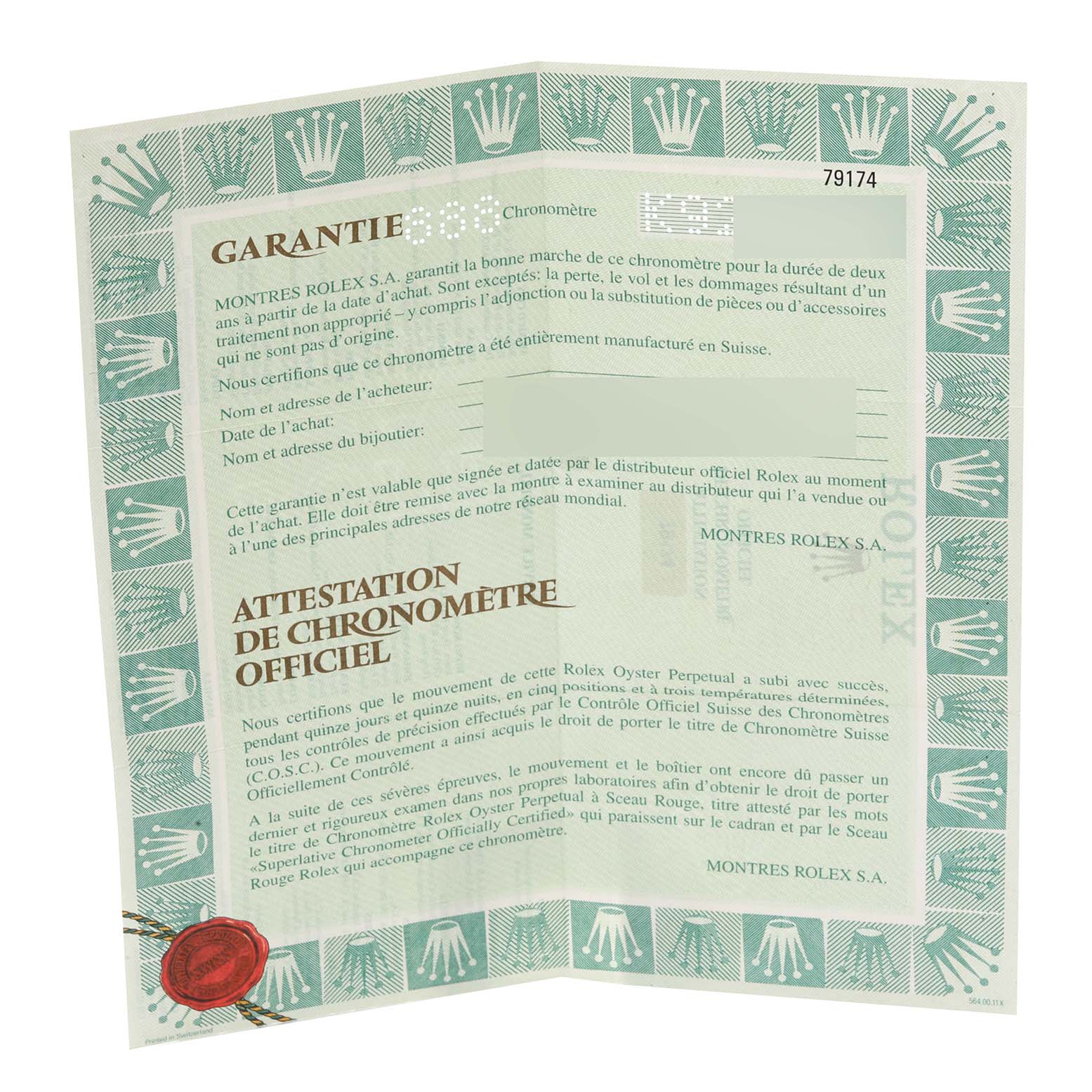 This image shows the warranty certificate for the Rolex Datejust 79174 Women's Stainless Steel Silver Dial 79174 Women's Stainless Steel Silver Dial model, viewed from the front.