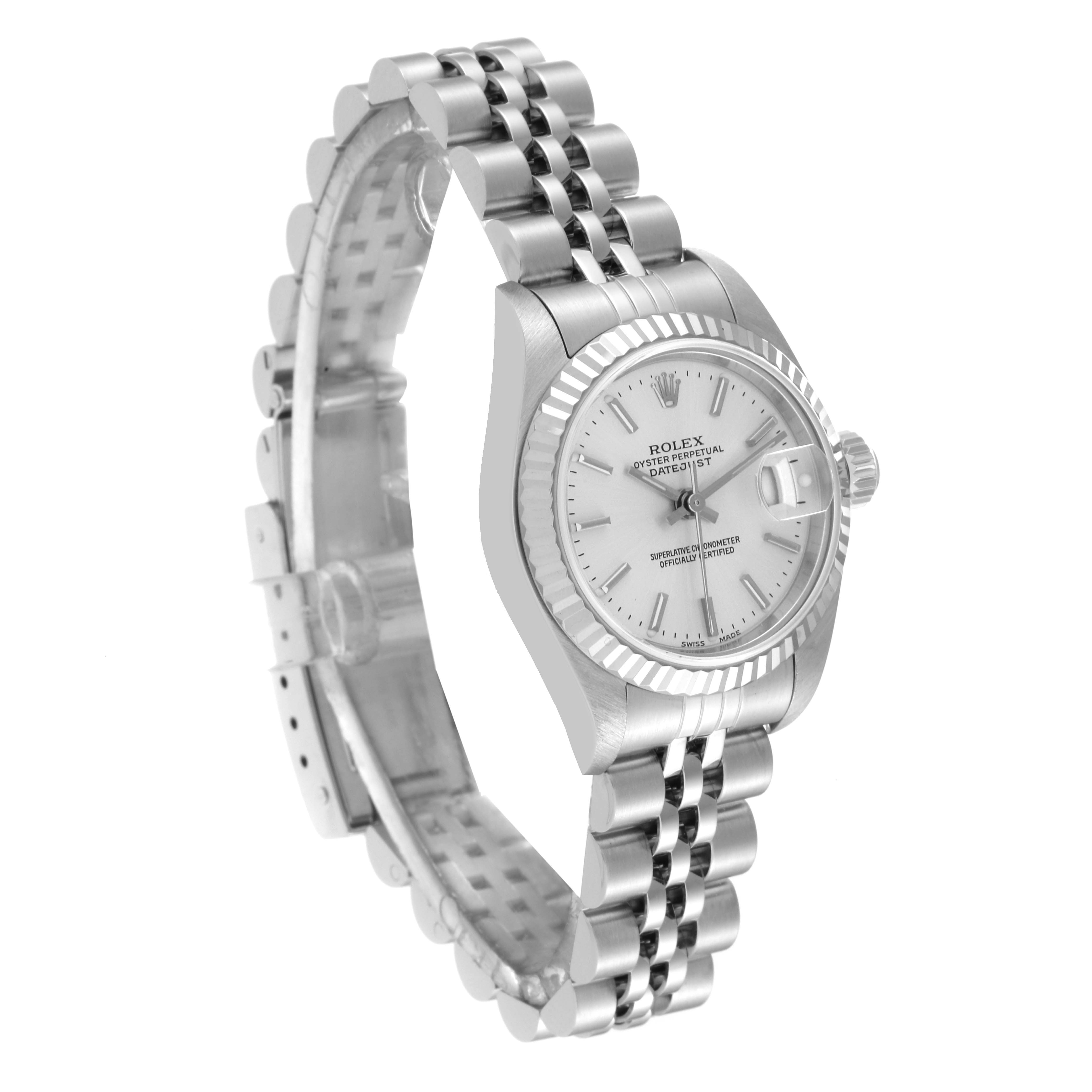 This image shows a side and front angle of a Rolex Datejust 79174 Women's Stainless Steel Silver Dial 79174 Women's Stainless Steel Silver Dial watch, highlighting its bracelet, case, dial, and bezel.