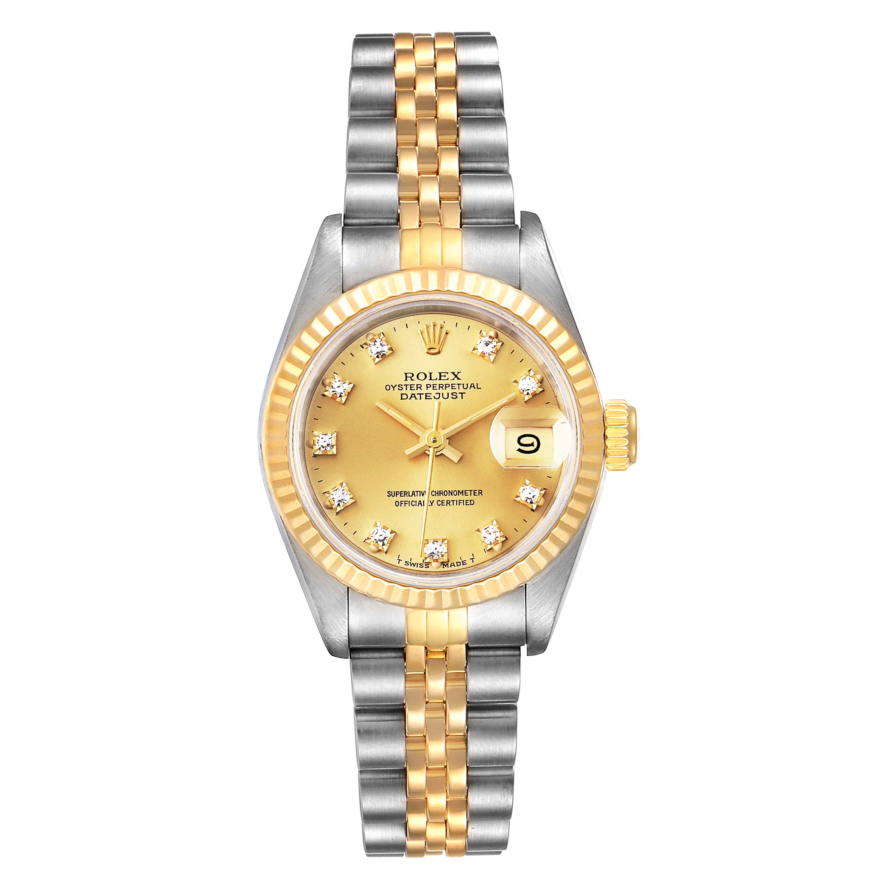 This image shows a front view of a Rolex Datejust 69173 Women
s Steel and Gold (two tone) Champagne Dial 69173 Women
s Steel and Gold (two tone) Champagne Dial watch, displaying the dial, bezel, case, and bracelet.