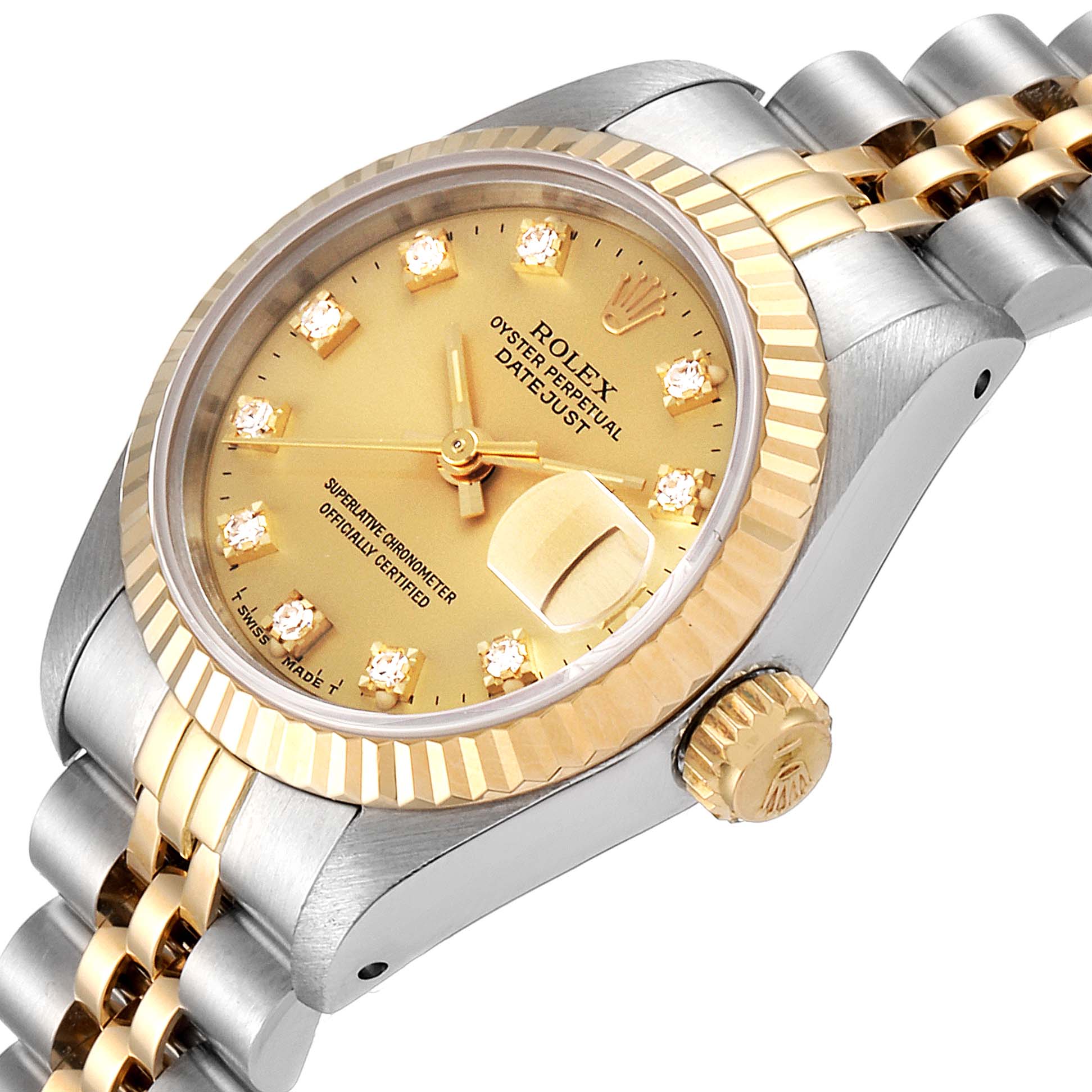 This Rolex Datejust 69173 Women
s Steel and Gold (two tone) Champagne Dial 69173 Women
s Steel and Gold (two tone) Champagne Dial watch is shown at a slight angle, revealing the dial, fluted bezel, crown, and part of the bracelet.