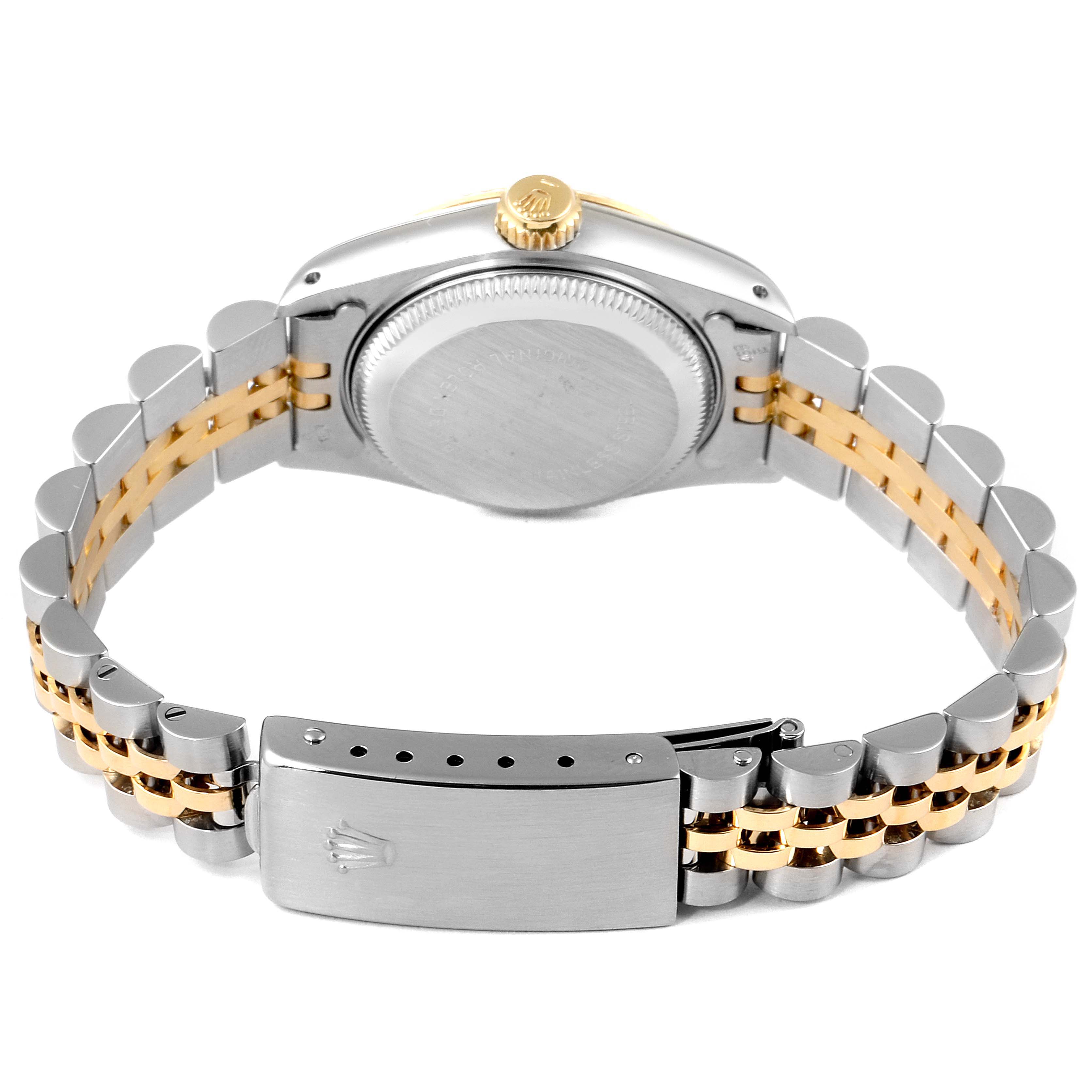 The image shows the back and clasp of the bracelet of a Rolex Datejust 69173 Women
s Steel and Gold (two tone) Champagne Dial 69173 Women
s Steel and Gold (two tone) Champagne Dial watch.