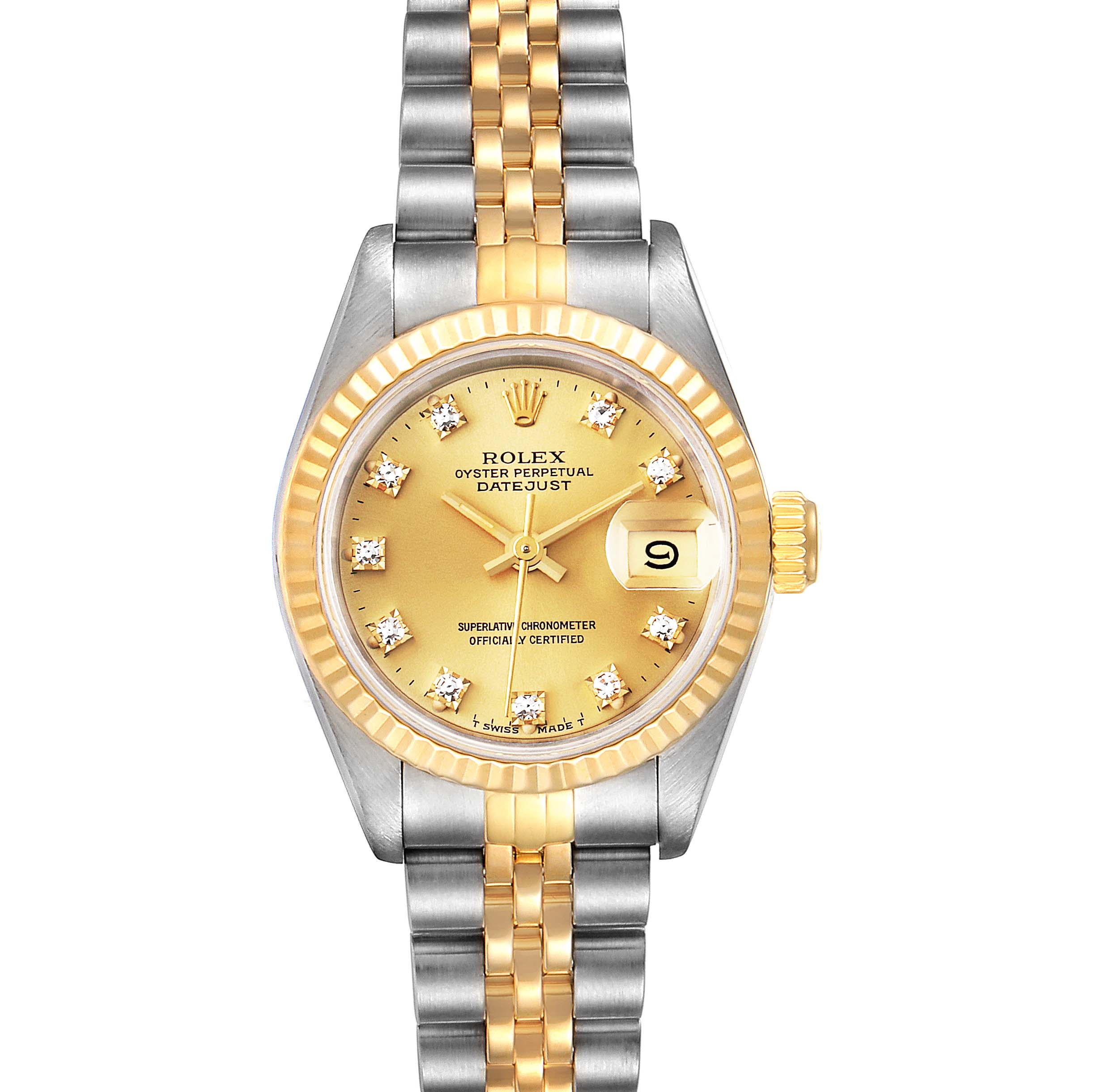 The image shows a Rolex Datejust 69173 Women
s Steel and Gold (two tone) Champagne Dial 69173 Women
s Steel and Gold (two tone) Champagne Dial watch from a frontal angle, highlighting the dial, hands, date window, bezel, and bracelet.