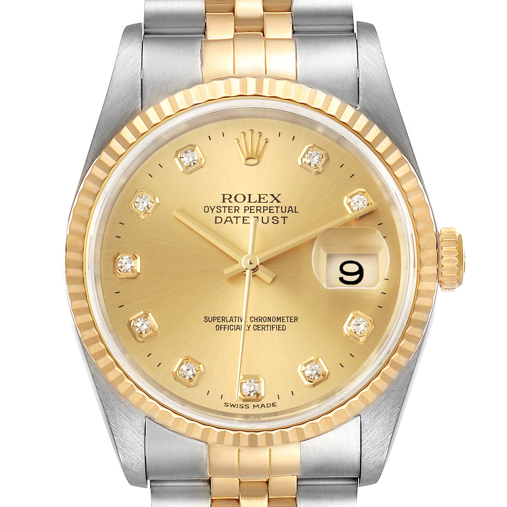 This image shows a front view of the Rolex Datejust 16233 Men's Steel and Gold (two tone) Champagne Dial 16233 Men's Steel and Gold (two tone) Champagne Dial watch, highlighting its gold dial, diamond hour markers, and two-tone bracelet.