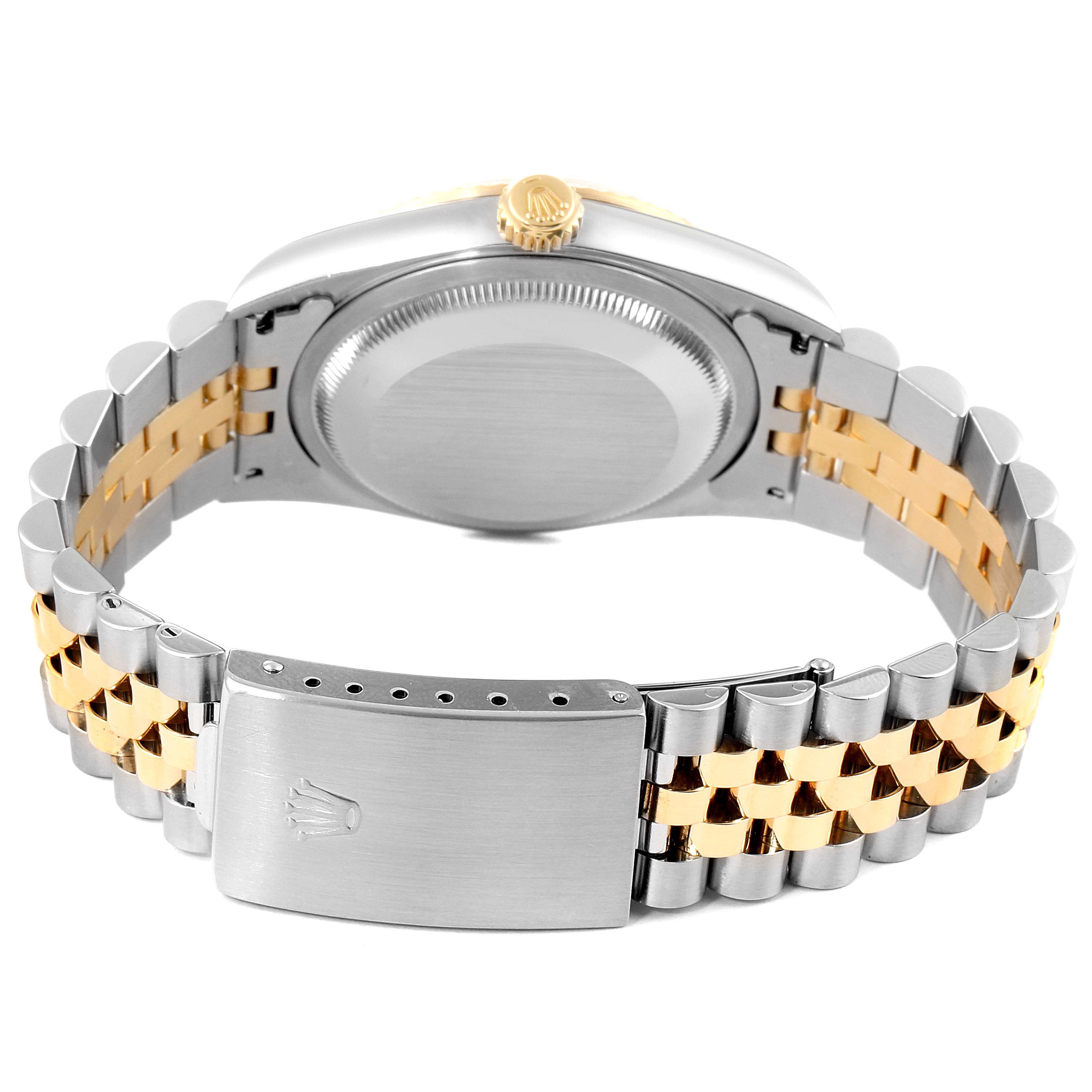 This image shows the back and bracelet of a Rolex Datejust 16233 Men's Steel and Gold (two tone) Champagne Dial 16233 Men's Steel and Gold (two tone) Champagne Dial watch, highlighting the clasp and the case back from a rear angle.