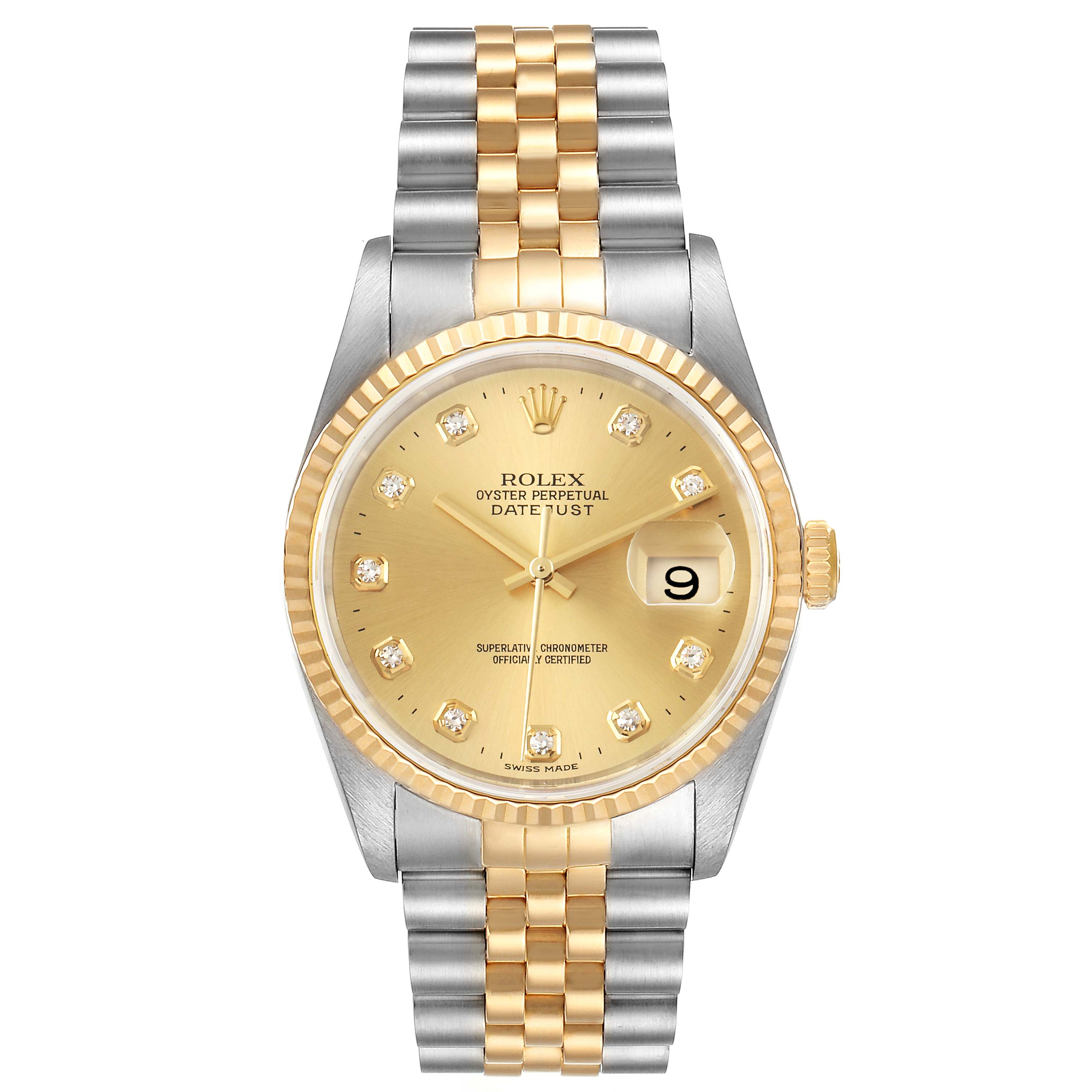 The image shows a Rolex Datejust 16233 Men's Steel and Gold (two tone) Champagne Dial 16233 Men's Steel and Gold (two tone) Champagne Dial watch from a front angle, highlighting its dial, bezel, and two-tone bracelet.