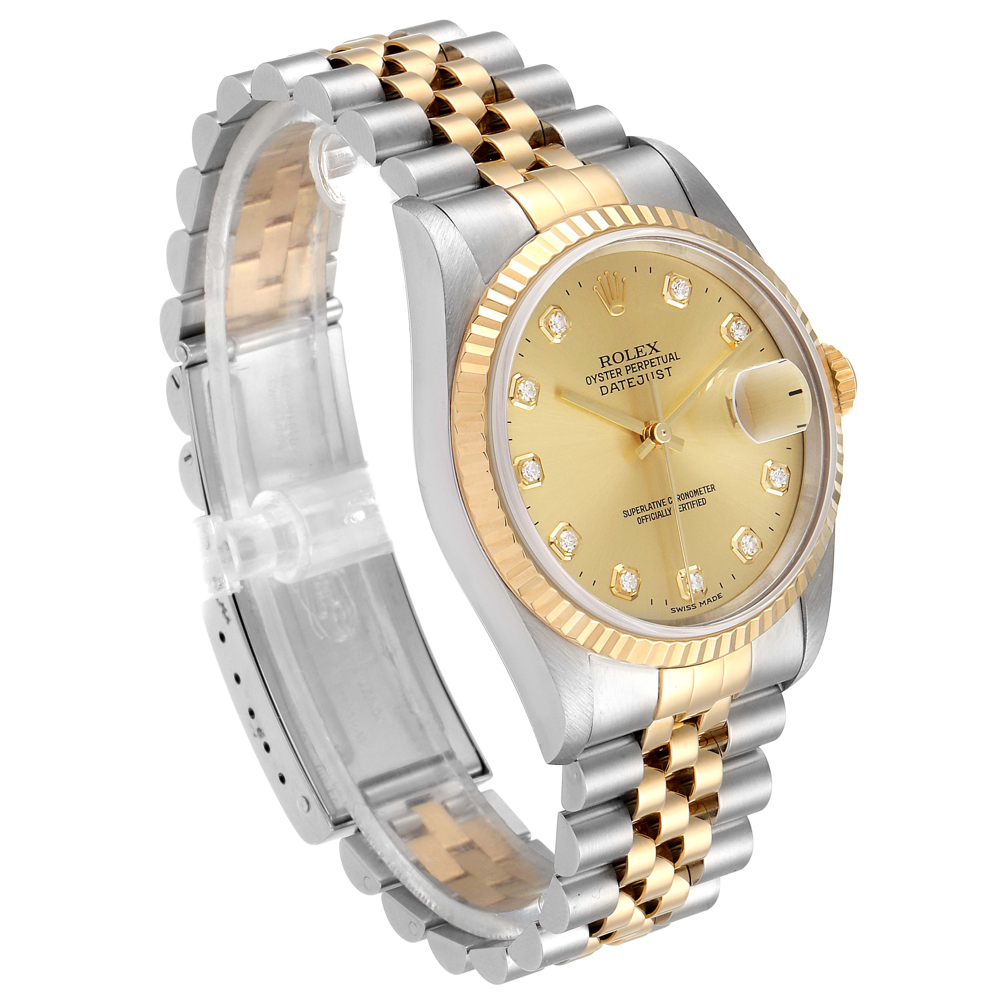 The image shows a Rolex Datejust 16233 Men's Steel and Gold (two tone) Champagne Dial 16233 Men's Steel and Gold (two tone) Champagne Dial watch at a slight oblique angle highlighting its gold dial, fluted bezel, and two-tone Jubilee bracelet.