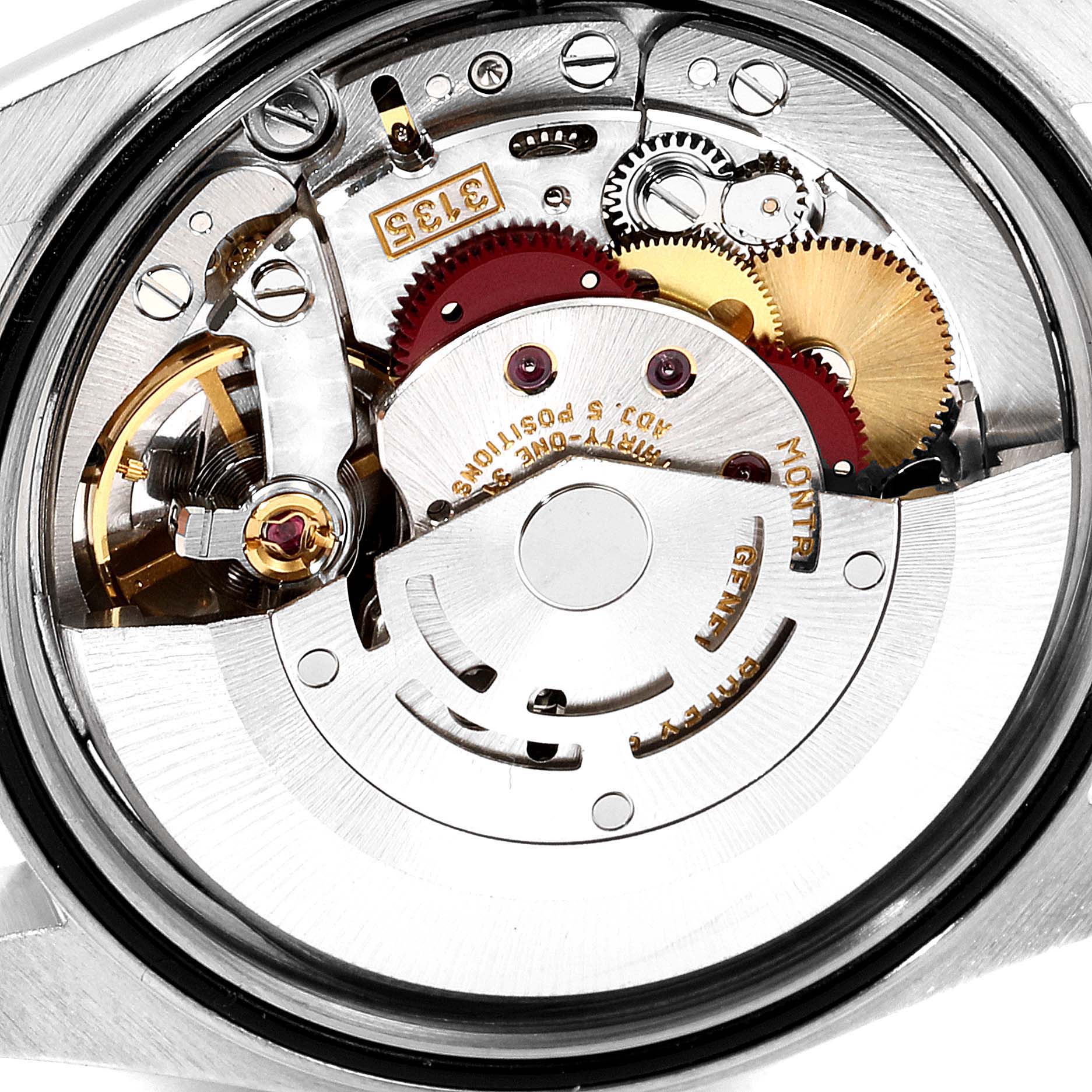 The image shows a close-up view of the movement mechanism inside a Rolex Datejust 16233 Men's Steel and Gold (two tone) Champagne Dial 16233 Men's Steel and Gold (two tone) Champagne Dial watch with various gears and components.