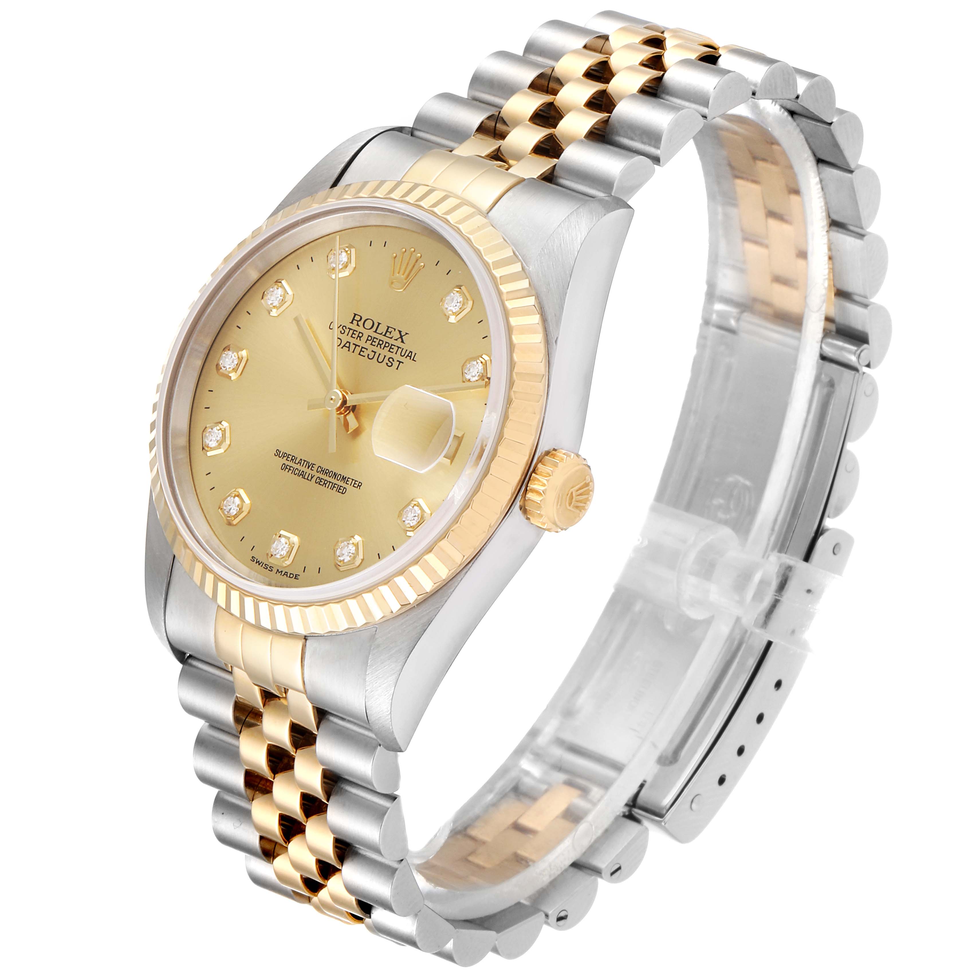 This image shows a Rolex Datejust 16233 Men's Steel and Gold (two tone) Champagne Dial 16233 Men's Steel and Gold (two tone) Champagne Dial watch at a three-quarter angle, highlighting its gold and silver bracelet and diamond-encrusted dial.