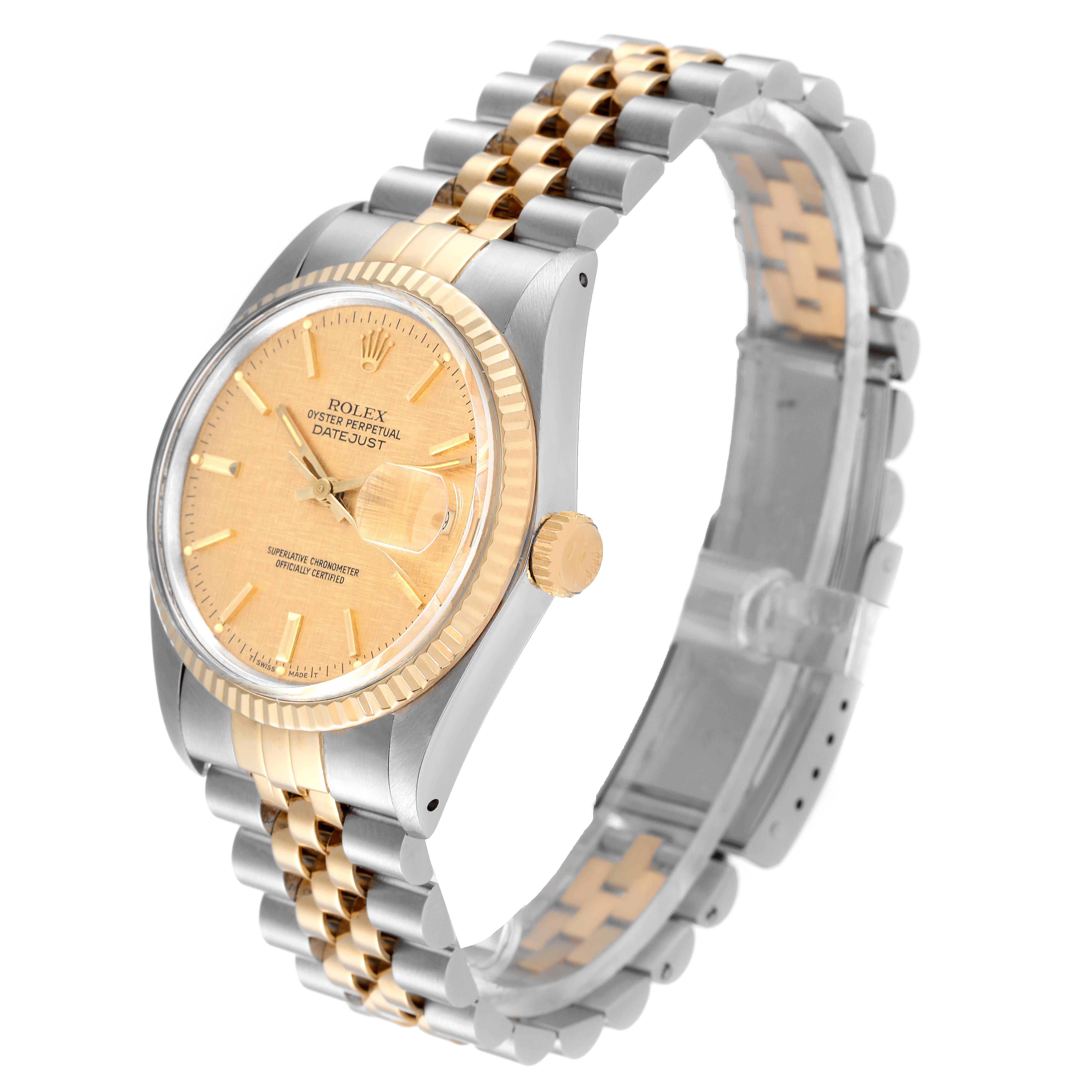 The image shows a Rolex Datejust 16013 Men's Steel and Gold (two tone) Champagne Dial 16013 Men's Steel and Gold (two tone) Champagne Dial watch from an angled side view, highlighting the face, bezel, crown, and bi-metal bracelet.