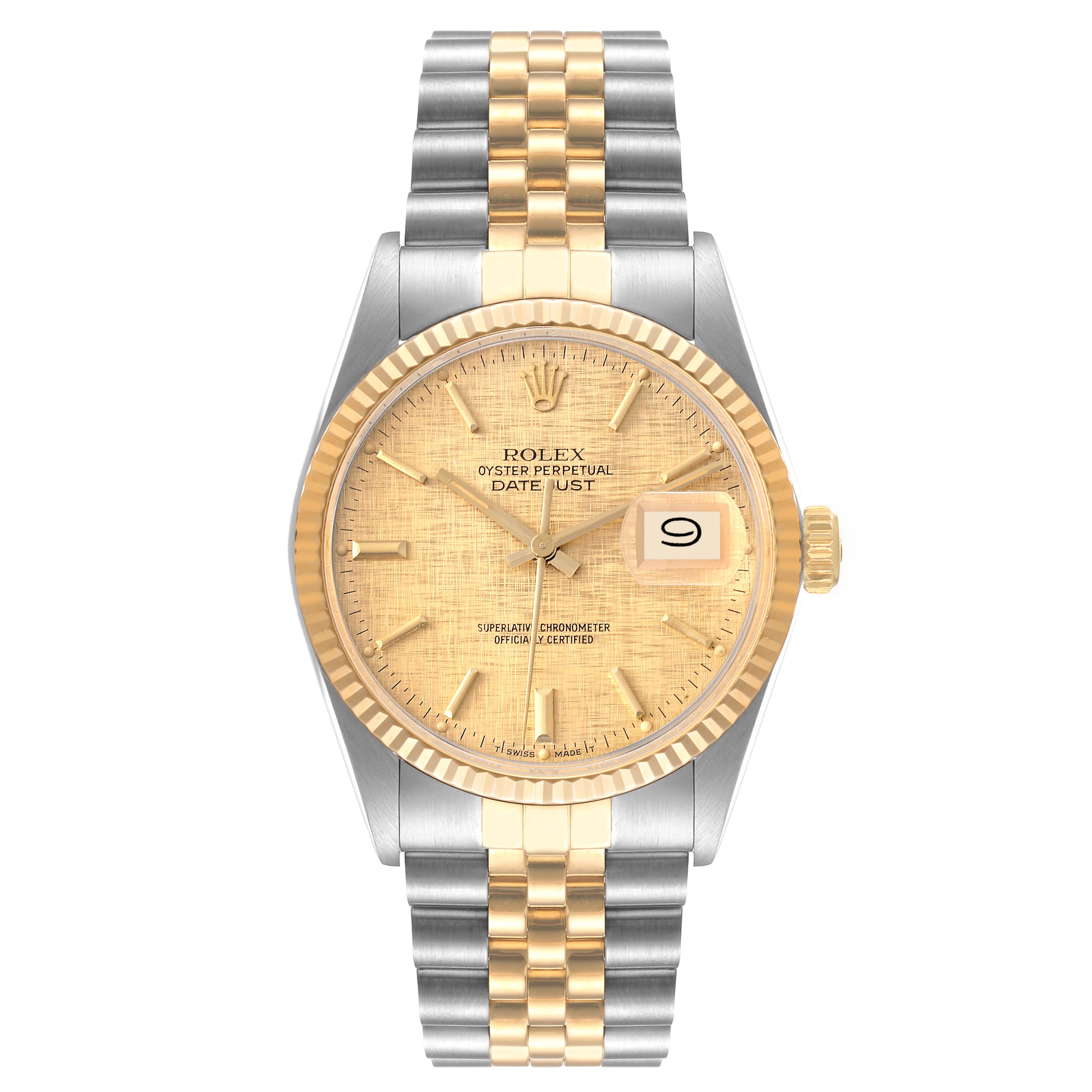 The image displays a Rolex Datejust 16013 Men's Steel and Gold (two tone) Champagne Dial 16013 Men's Steel and Gold (two tone) Champagne Dial watch from the front, showcasing its dial, case, and bracelet.
