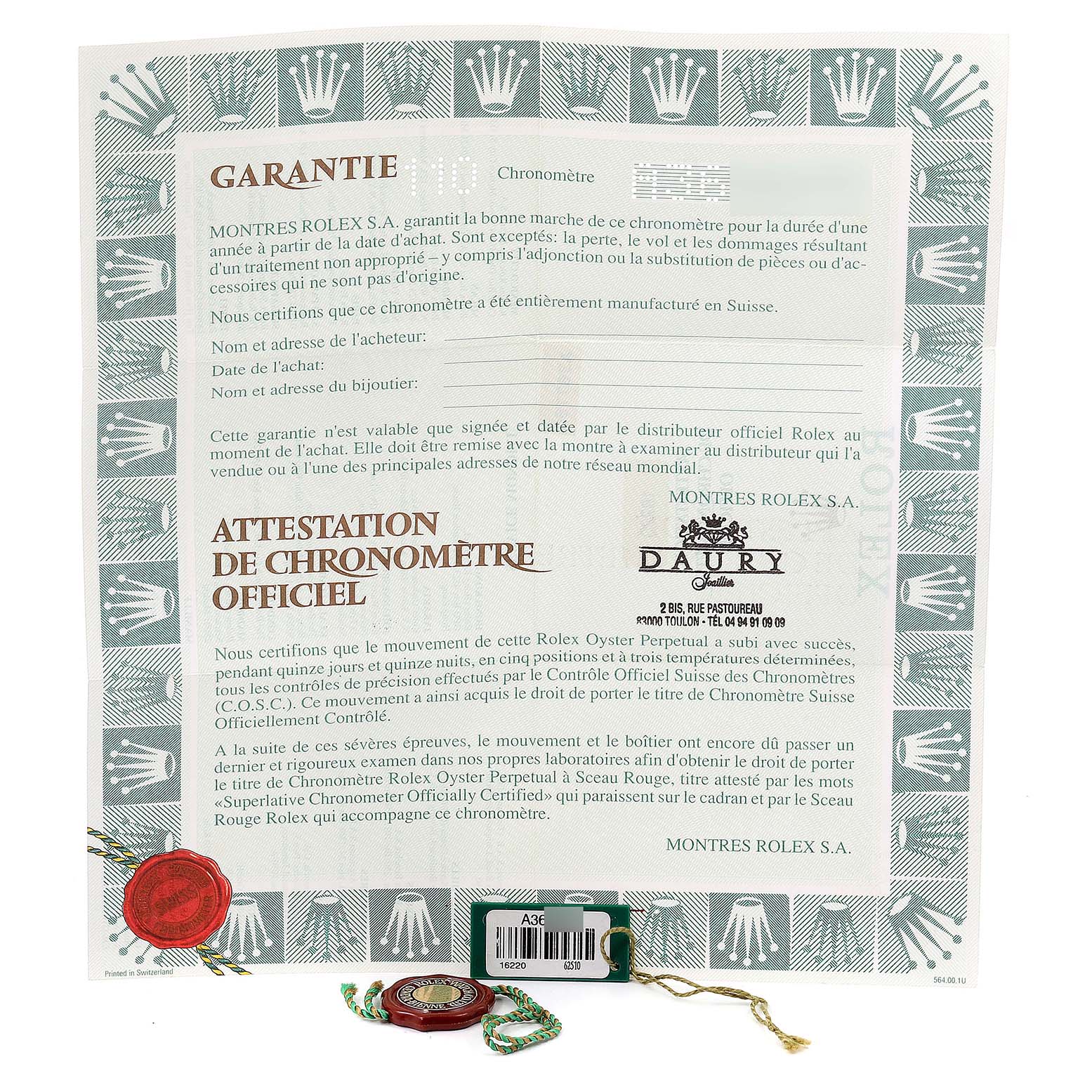 The image shows a warranty and certification document for a Rolex Datejust 16220 Men's Stainless Steel White Dial 16220 Men's Stainless Steel White Dial model, viewed from above.