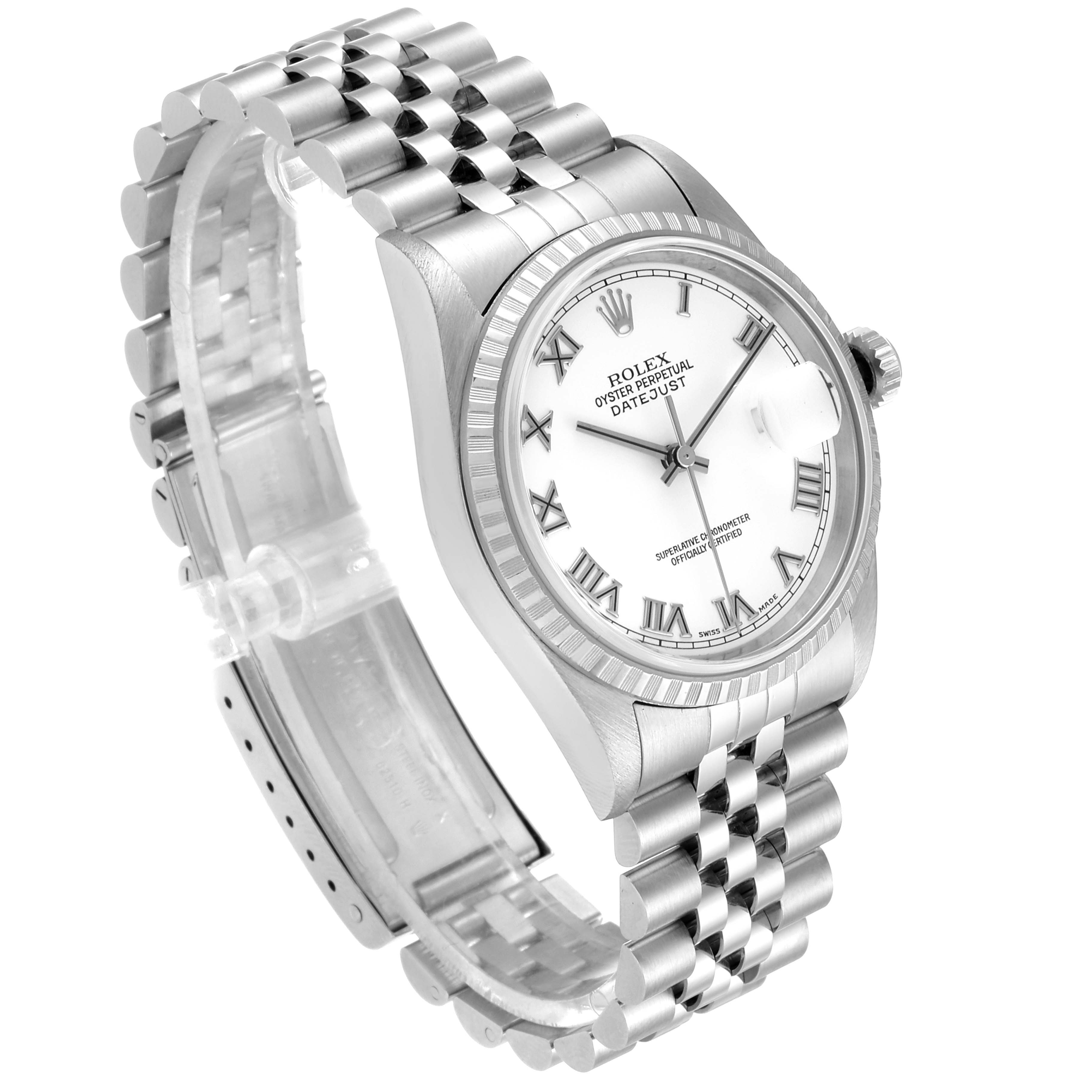 The image shows a Rolex Datejust 16220 Men's Stainless Steel White Dial 16220 Men's Stainless Steel White Dial watch at a three-quarter angle, highlighting the dial, bezel, and bracelet.