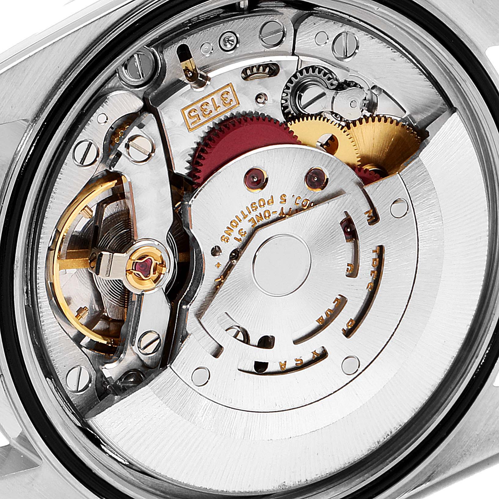 This image shows the inner mechanical components and movement mechanism of a Rolex Datejust 16220 Men's Stainless Steel White Dial 16220 Men's Stainless Steel White Dial watch.