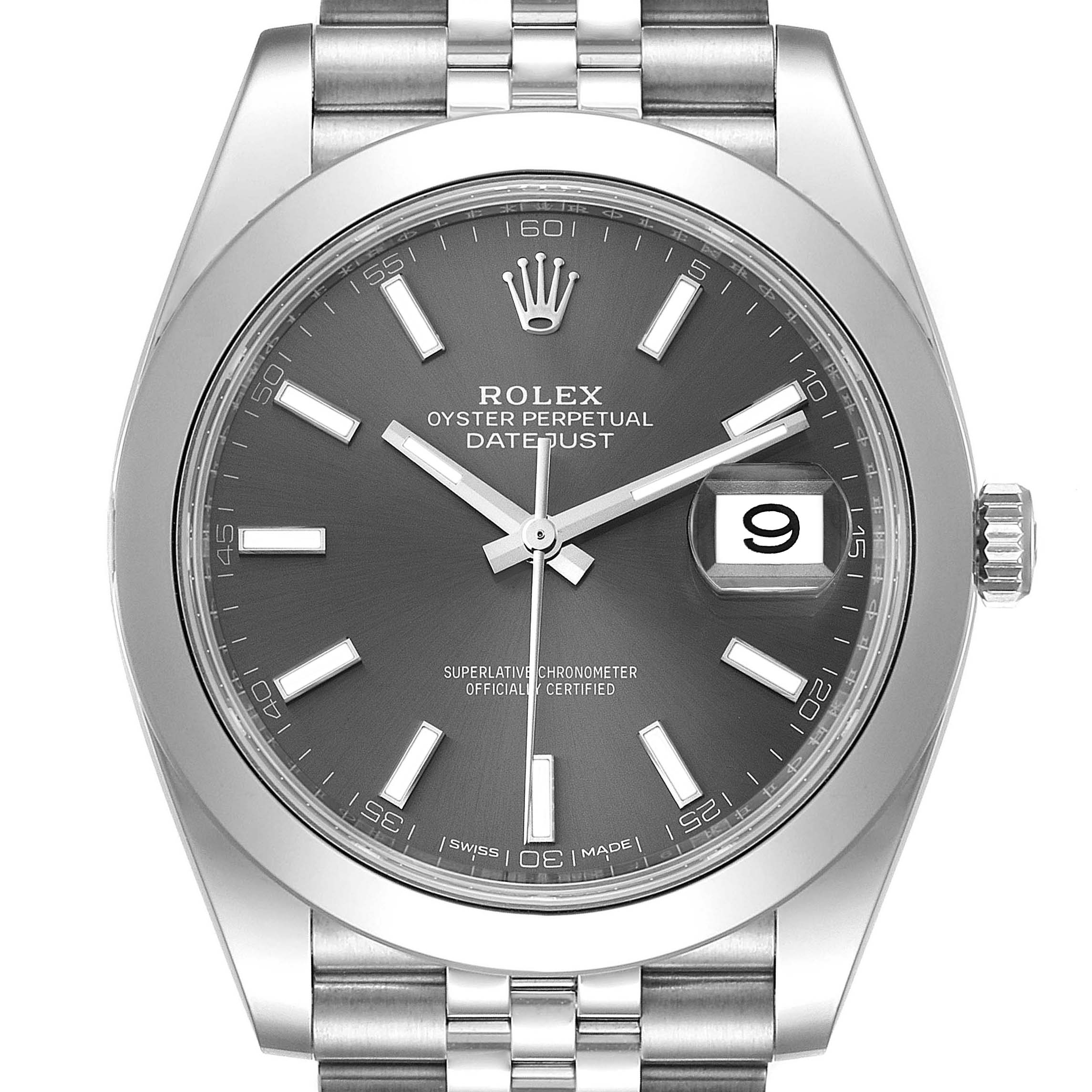 This image shows a frontal view of the Rolex Datejust 41 126300 Men's Stainless Steel Grey Dial 126300 Men's Stainless Steel Grey Dial watch, highlighting the dial, bezel, crown, and part of the bracelet.